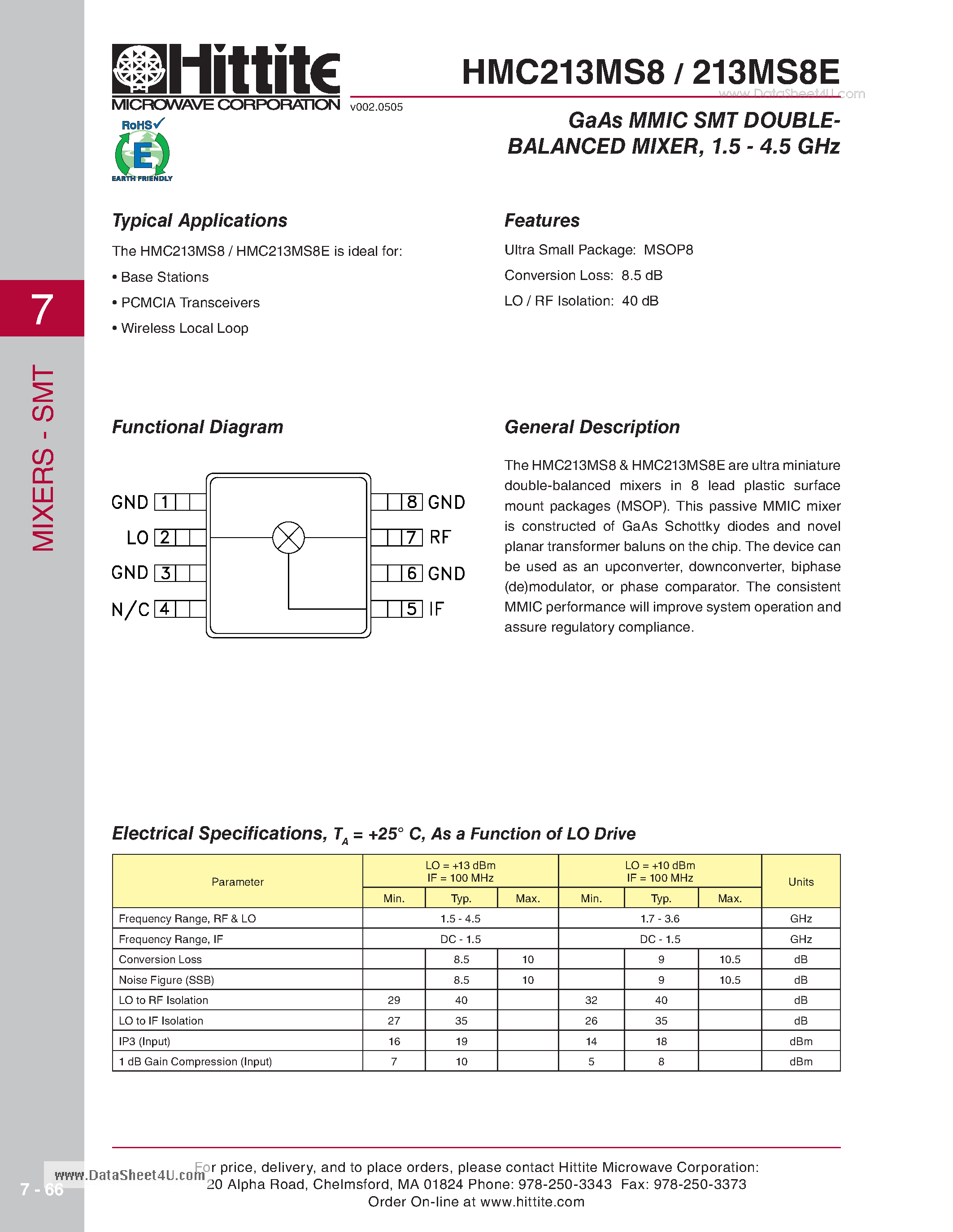 Datasheet HMC213MS8 - GaAs MMIC SMT DOUBLE BALANCED MIXER + 1.5 - 4.5 GHz page 1