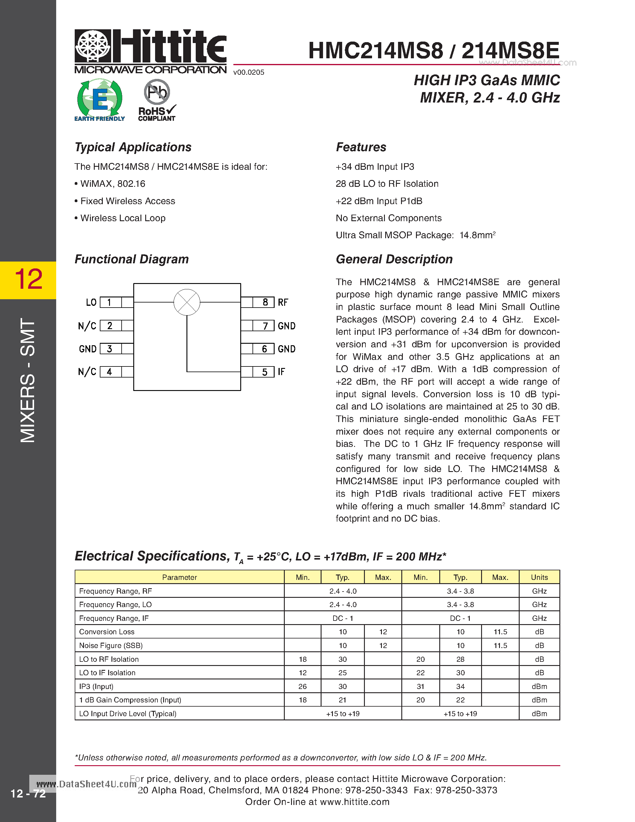 Datasheet HMC214MS8 - HIGH IP3 GaAs MMIC MIXER / 2.4 - 4.0 GHz page 1