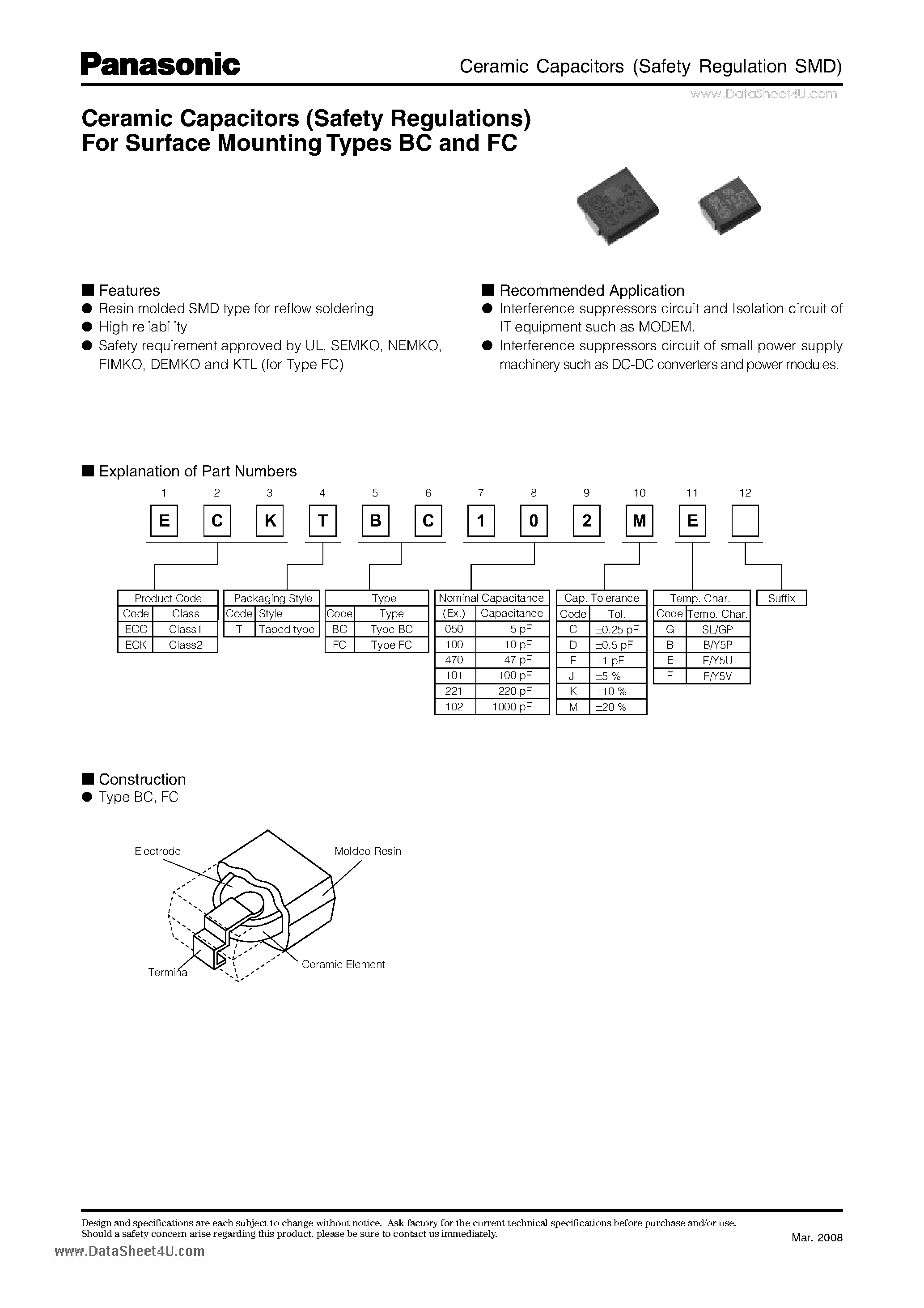 Datasheet ECKTBC101KB page 1 Datasheet ECKTBC101KB - Ceramic Capacitors page 1