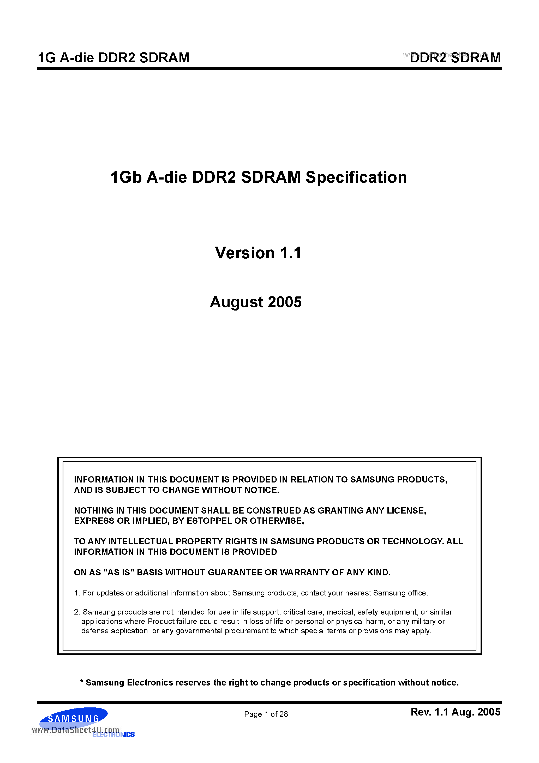 Datasheet K4T1G044QA-ZCE6 page 1 Datasheet K4T1G044QA-ZCE6 - 1Gb A-die DDR2 SDRAM Specification page 1