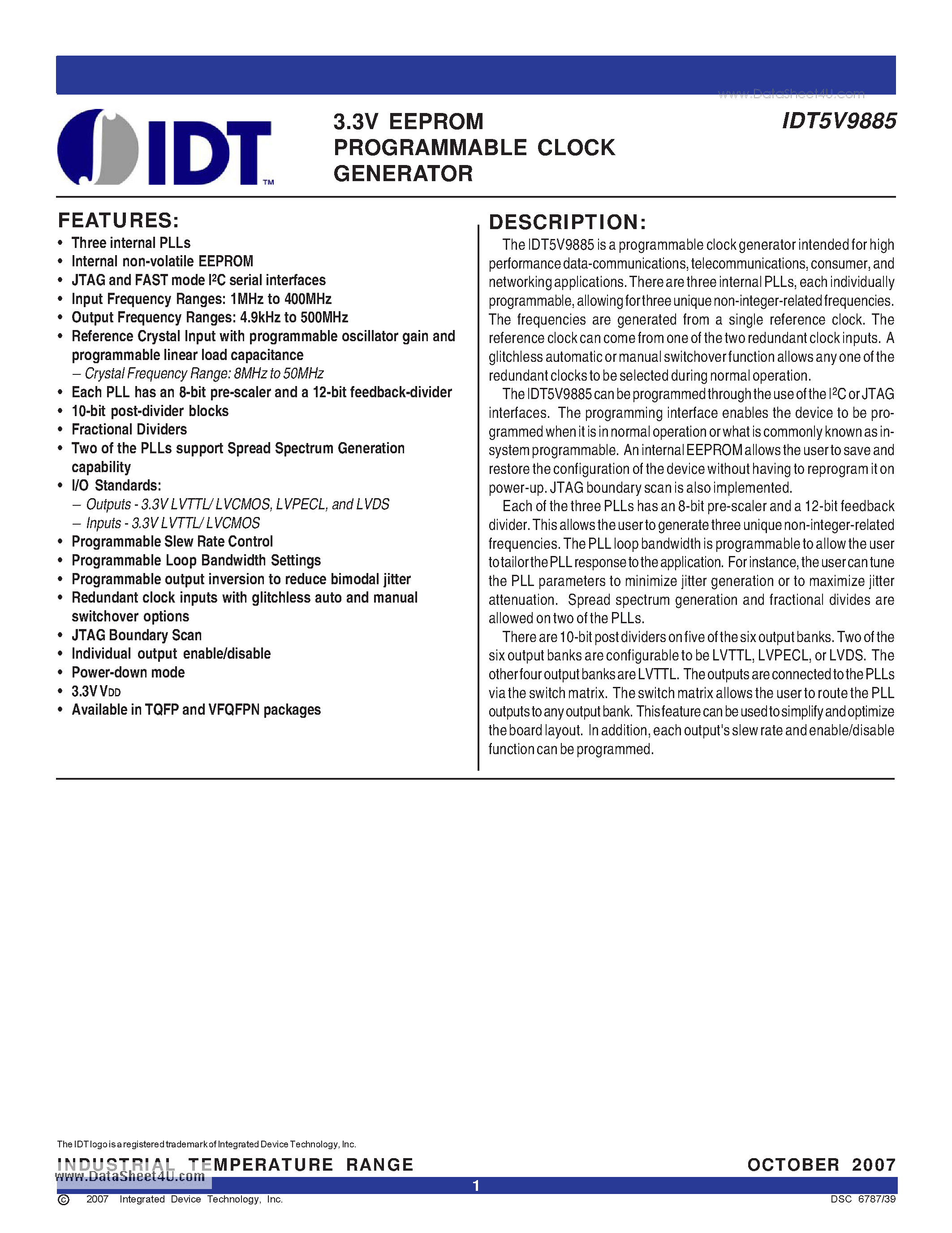Datasheet IDT5V9885 - 3.3V EEPROM PROGRAMMABLE CLOCK GENERATOR page 1