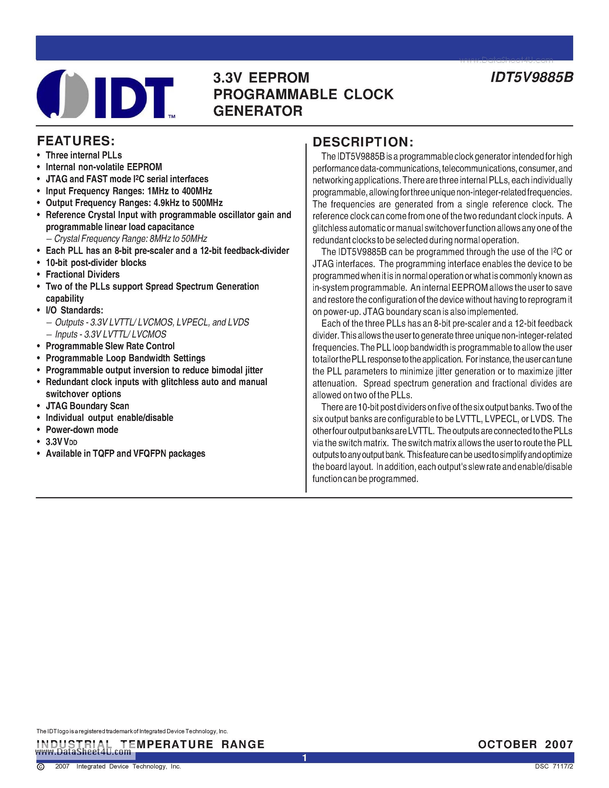 Datasheet IDT5V9885B - 3.3V EEPROM PROGRAMMABLE CLOCK GENERATOR page 1