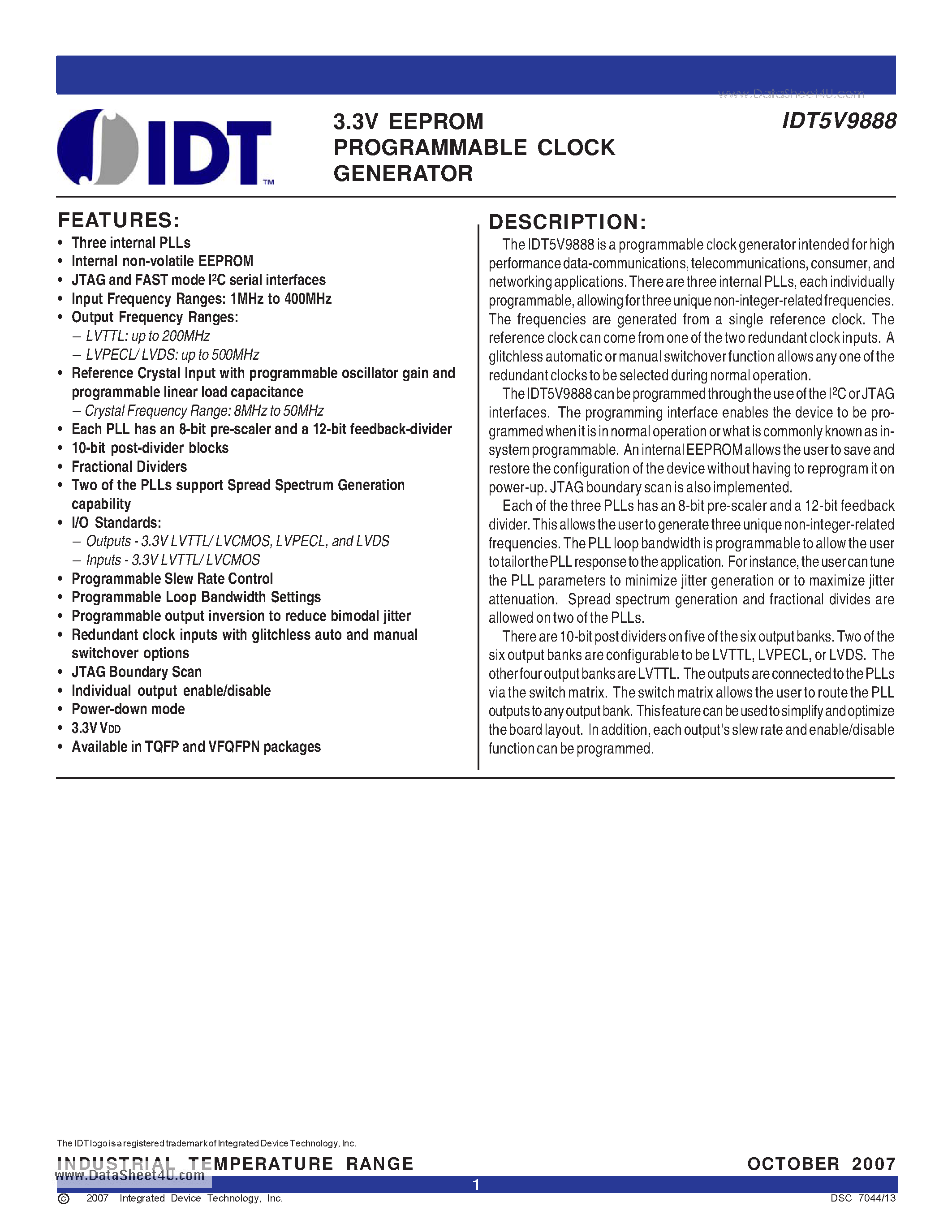 Datasheet IDT5V9888 - 3.3V EEPROM PROGRAMMABLE CLOCK GENERATOR page 1
