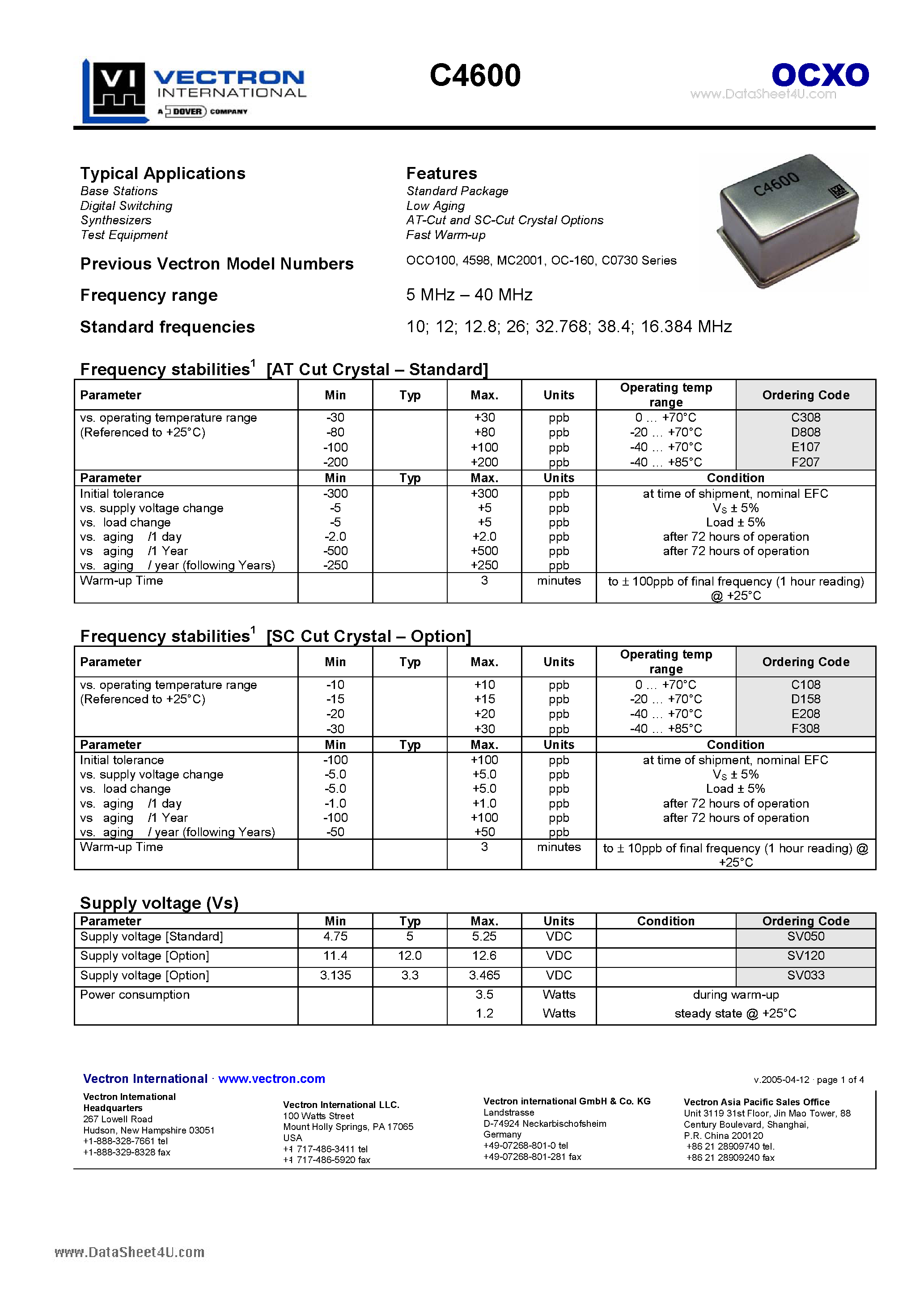 Даташит на микросхему C4600 страница 1 Даташит C4600 - OCXO Standard Package Low Aging AT-Cut and SC-Cut Crystal Options Fast Warm-up страница 1