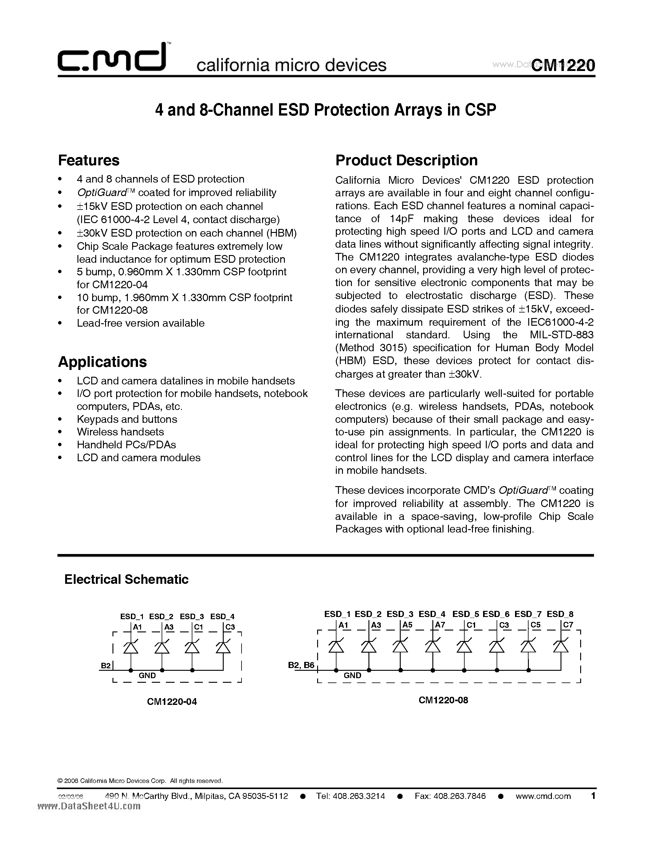 Datasheet CM1220 - 4 and 8-Channel ESD Protection Arrays in CSP page 1