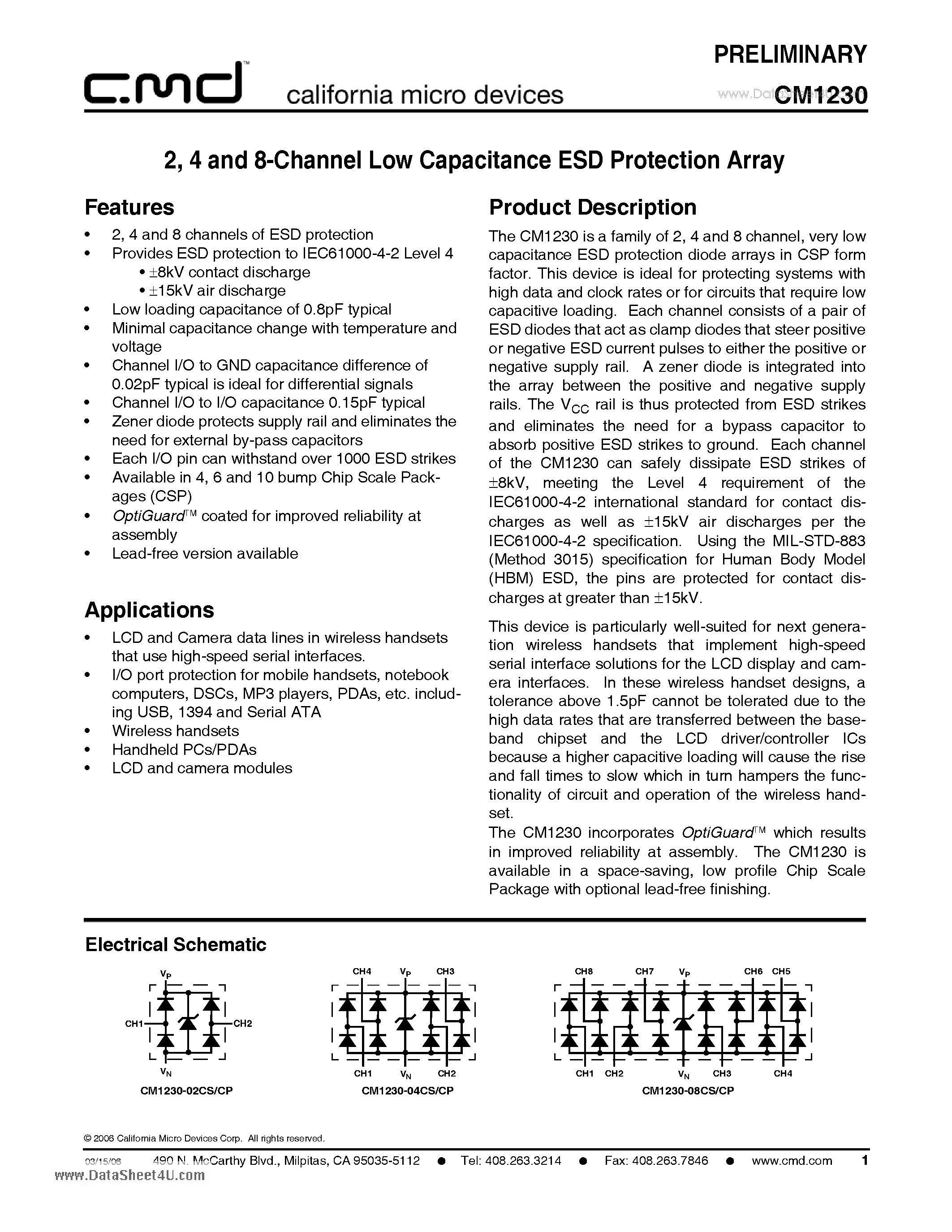 Datasheet CM1230 - 2/4 and 8-Channel Low Capacitance ESD Protection Array page 1