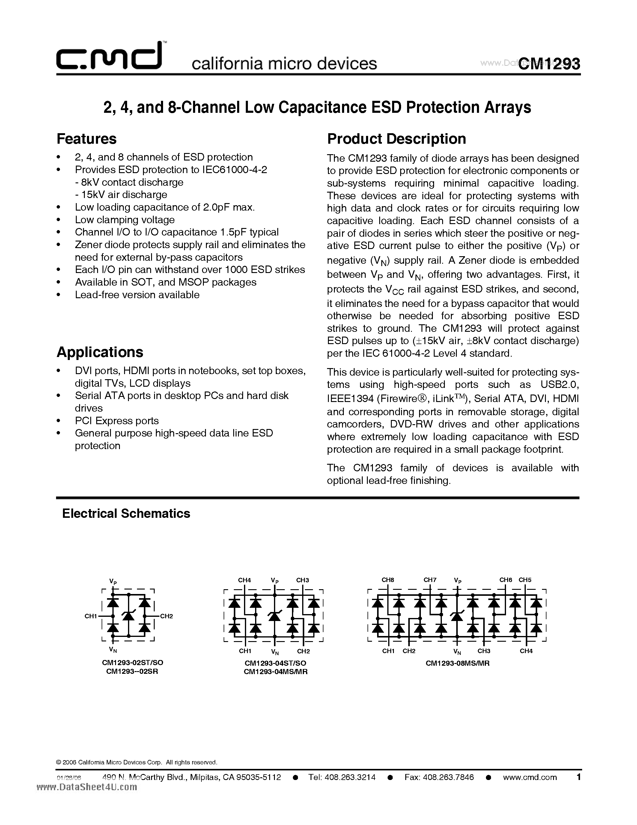 Datasheet CM1293 - 2- 4- and 8-Channel Low Capacitance ESD Protection Arrays page 1