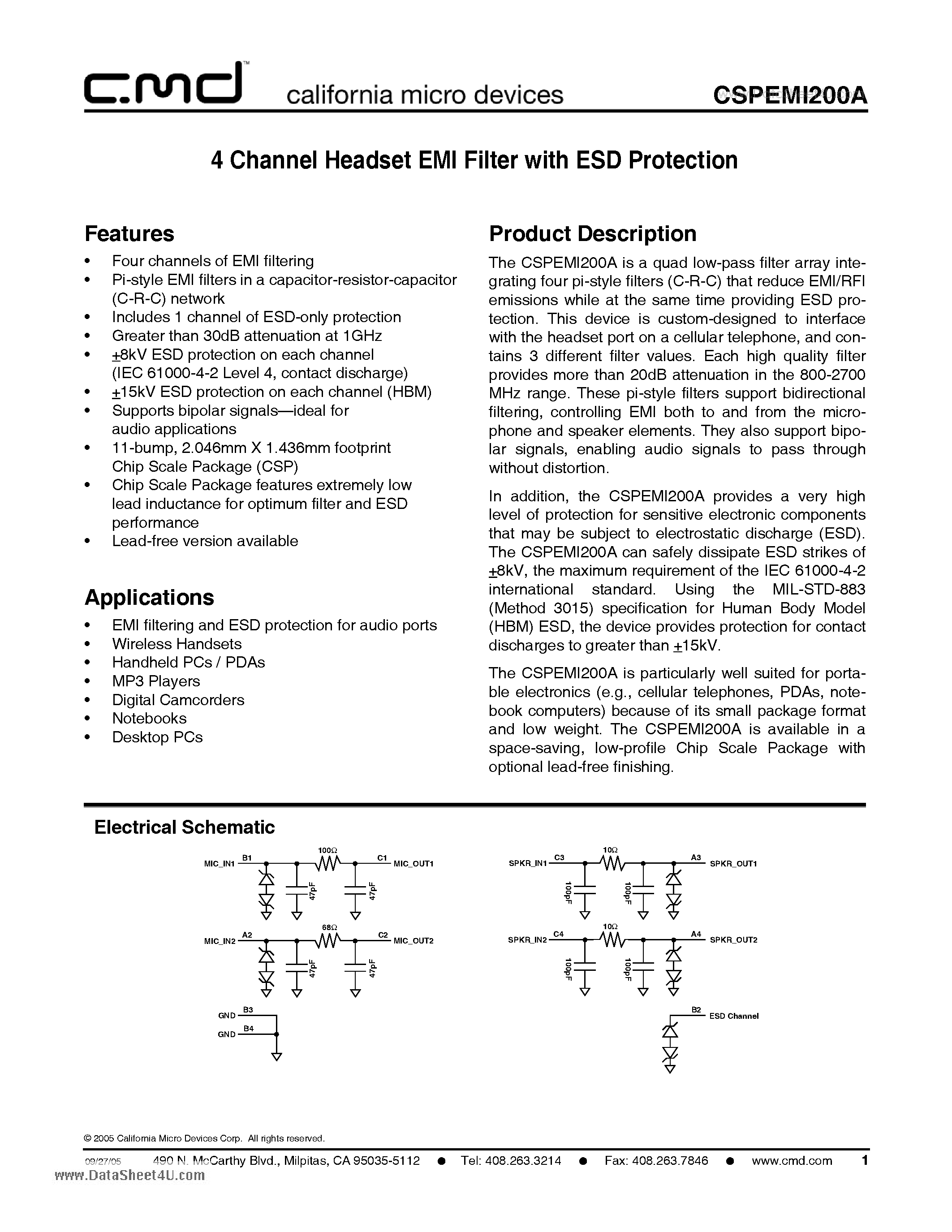 Datasheet CSPEMI200A page 1 Datasheet CSPEMI200A - 4 Channel Headset EMI Filter with ESD Protection page 1