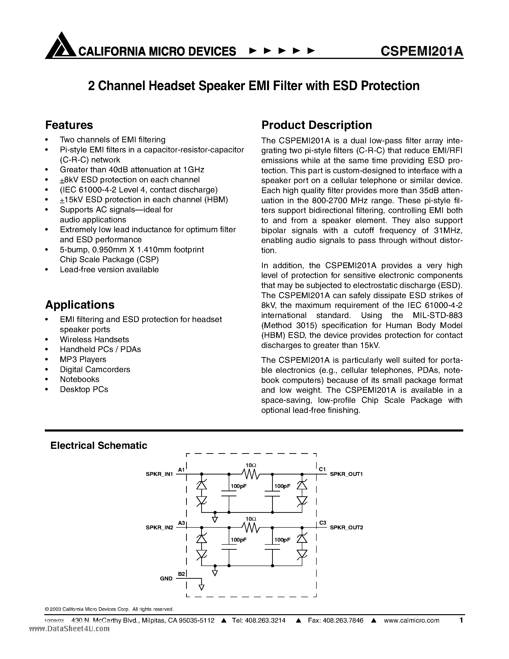 Даташит на микросхему CSPEMI201A страница 1 Даташит CSPEMI201A - 2 Channel Headset Speaker EMI Filter with ESD Protection страница 1