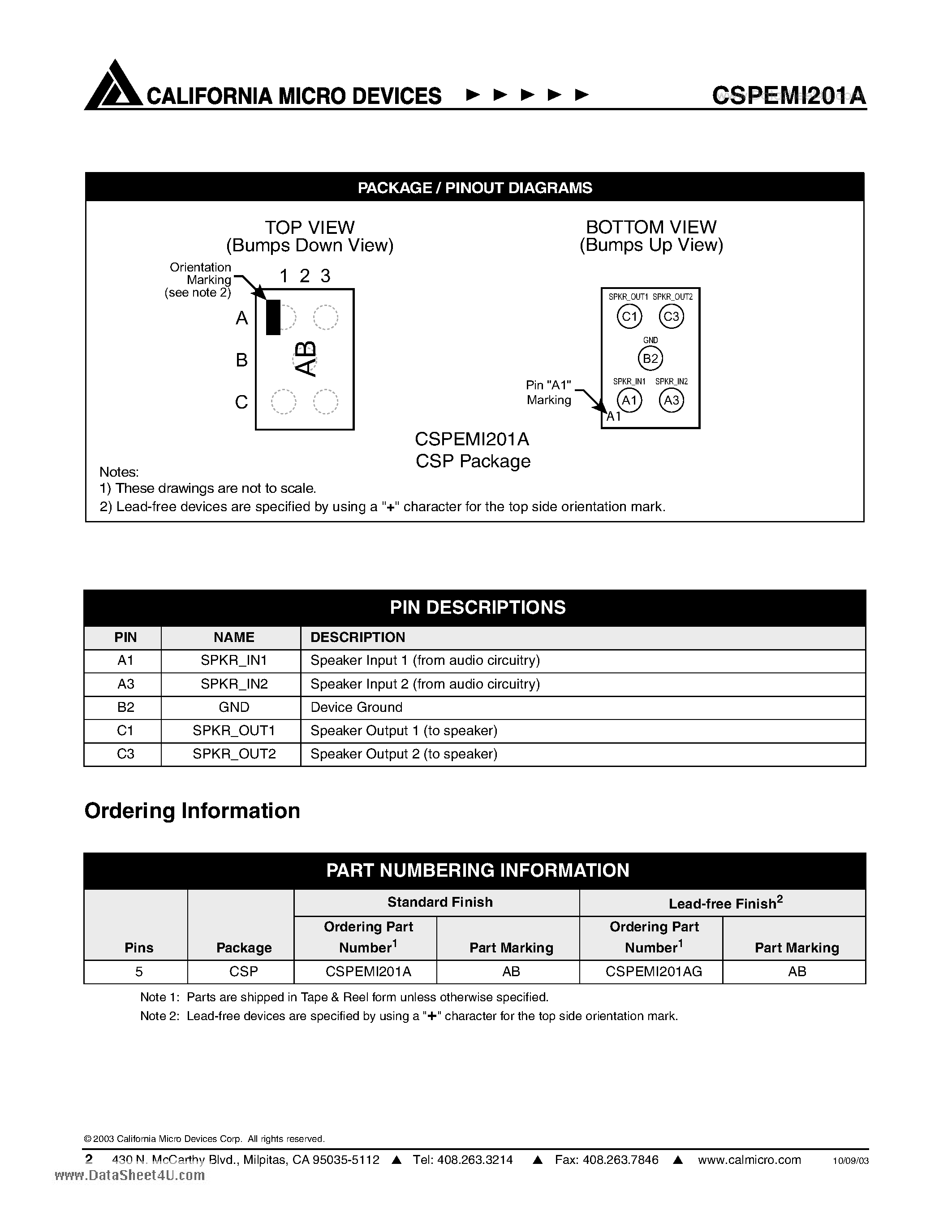 Даташит на микросхему CSPEMI201A страница 2 Даташит CSPEMI201A - 2 Channel Headset Speaker EMI Filter with ESD Protection страница 2