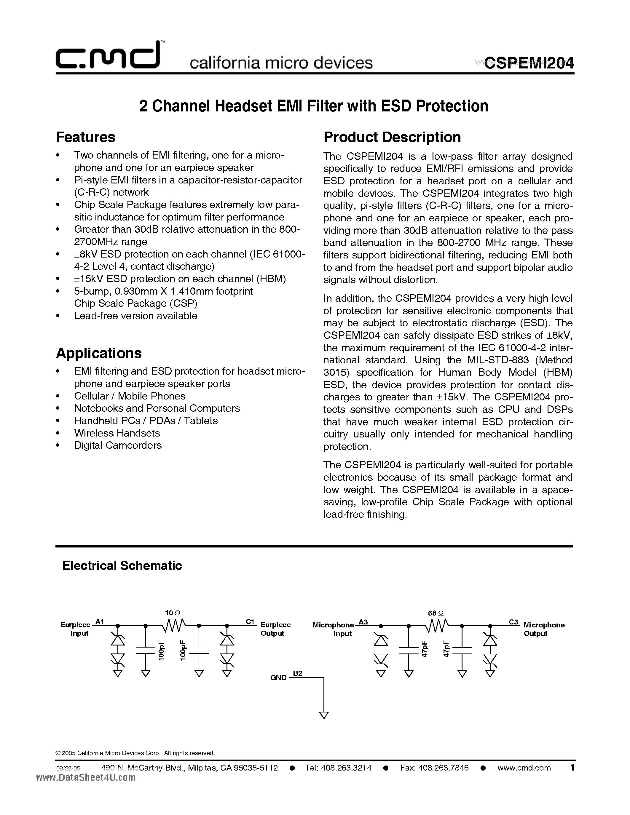 Даташит на микросхему CSPEMI204 страница 1 Даташит CSPEMI204 - 2 Channel Headset EMI Filter with ESD Protection страница 1