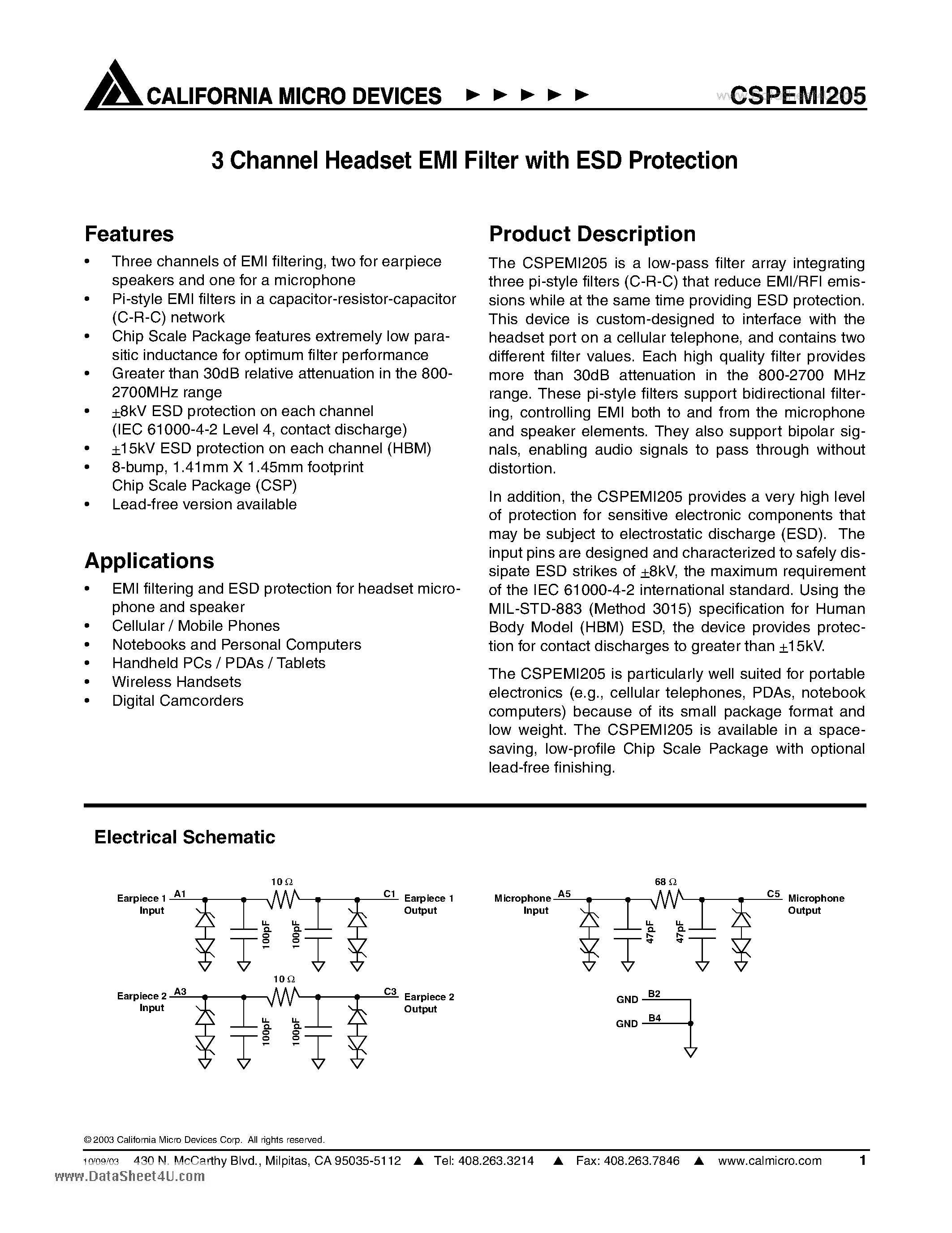Datasheet CSPEMI205 page 1 Datasheet CSPEMI205 - 3 Channel Headset EMI Filter with ESD Protection page 1