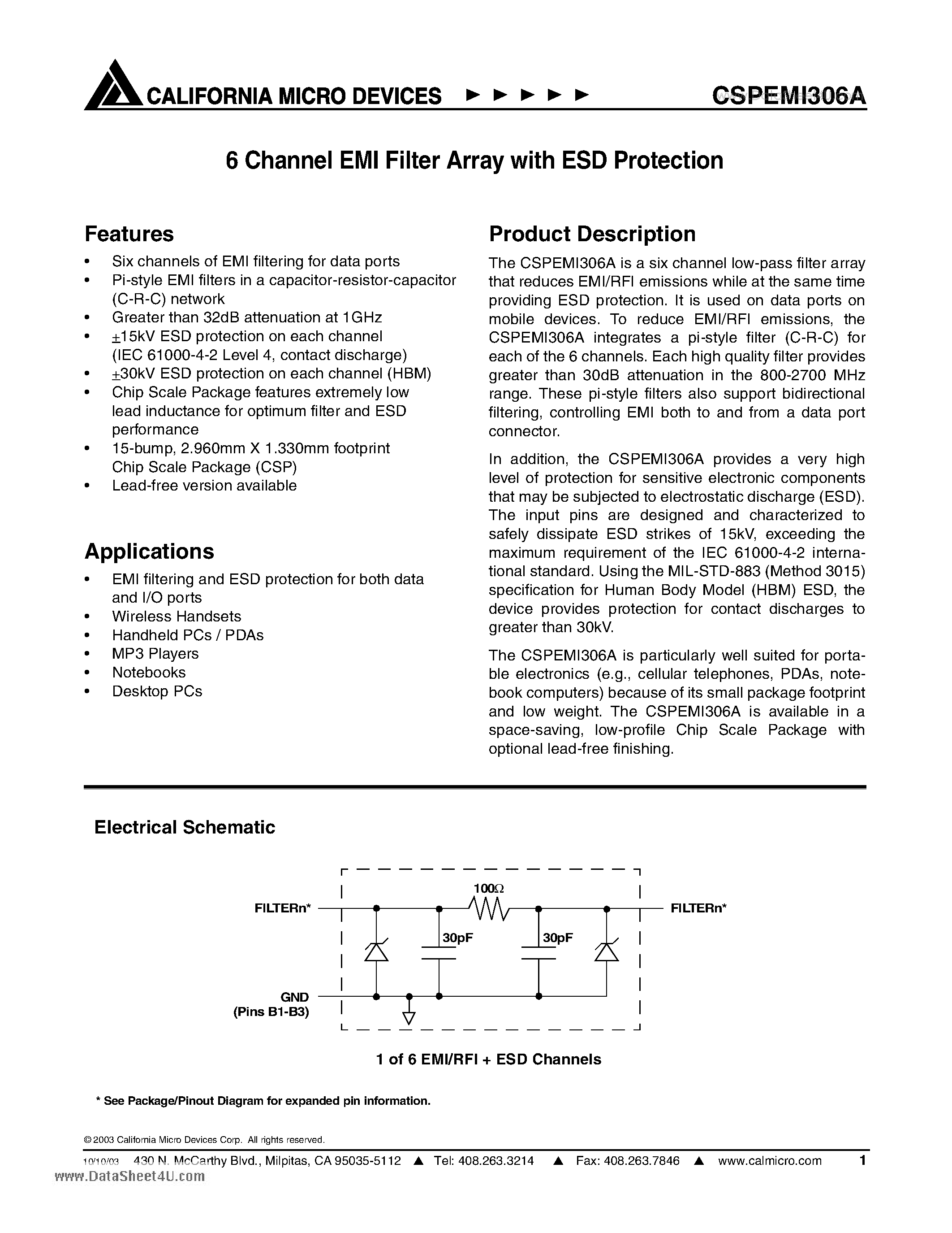 Datasheet CSPEMI306A - 6 Channel EMI Filter Array with ESD Protection page 1