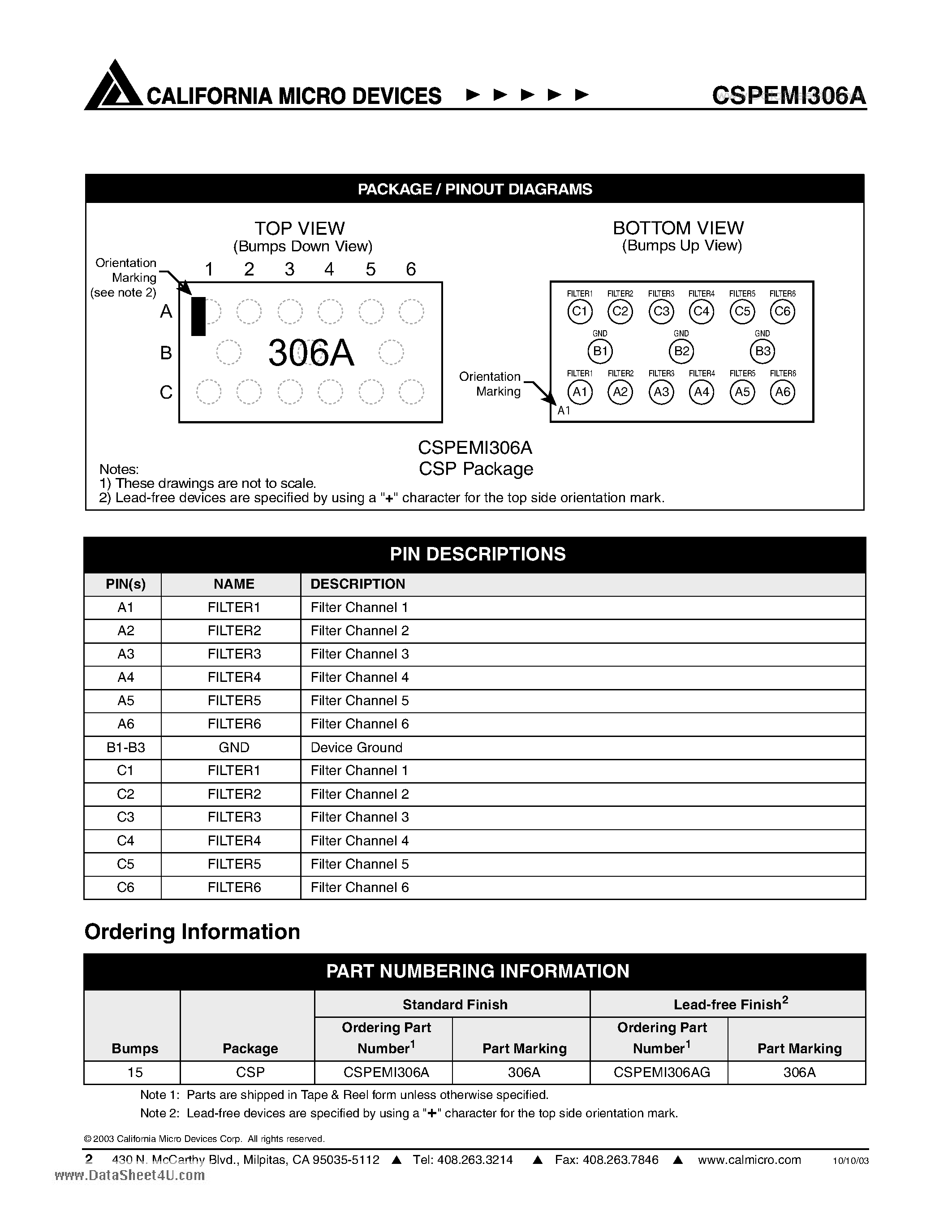 Datasheet CSPEMI306A - 6 Channel EMI Filter Array with ESD Protection page 2