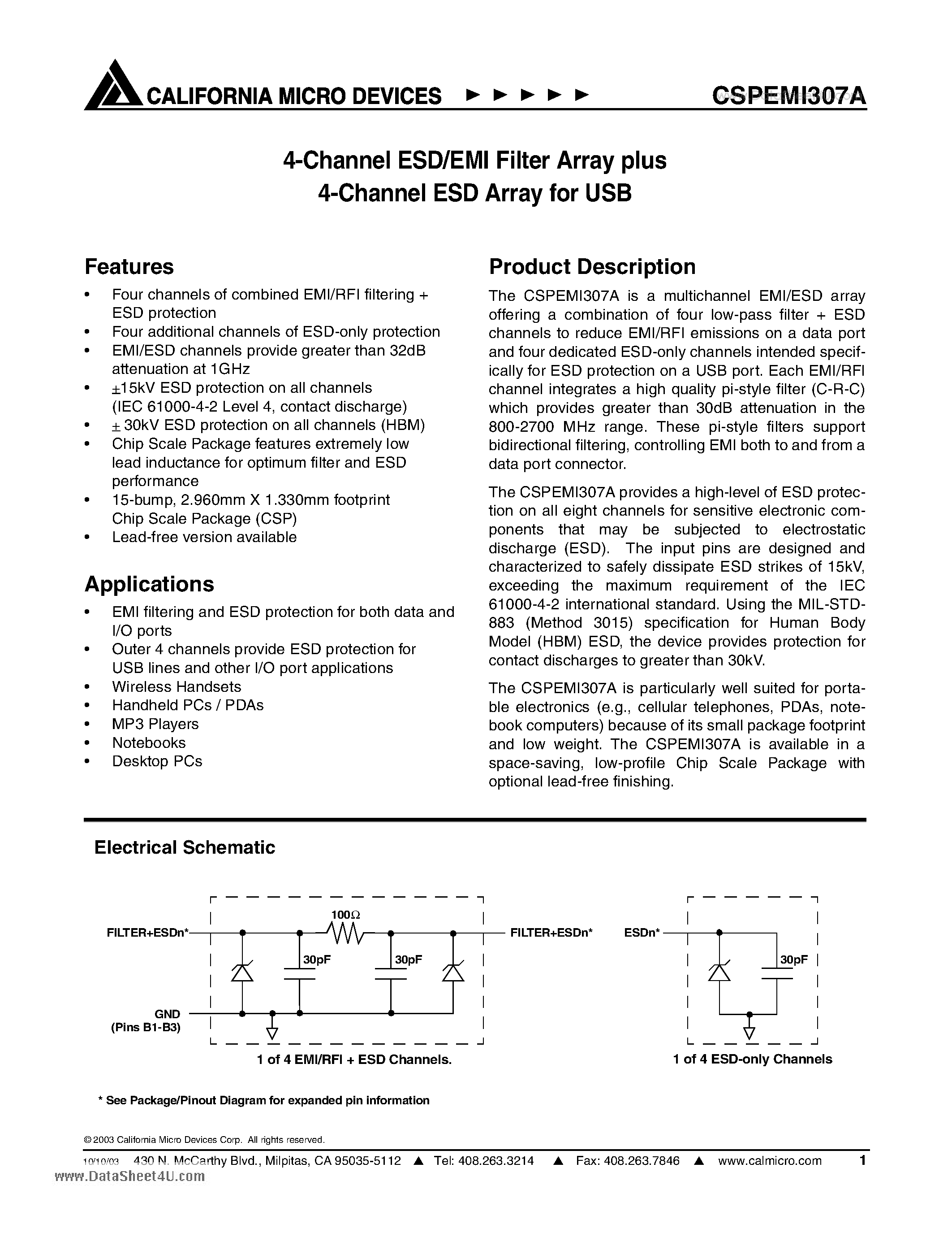 Datasheet CSPEMI307A - 4-Channel ESD/EMI Filter Array plus 4-Channel ESD Array for USB page 1
