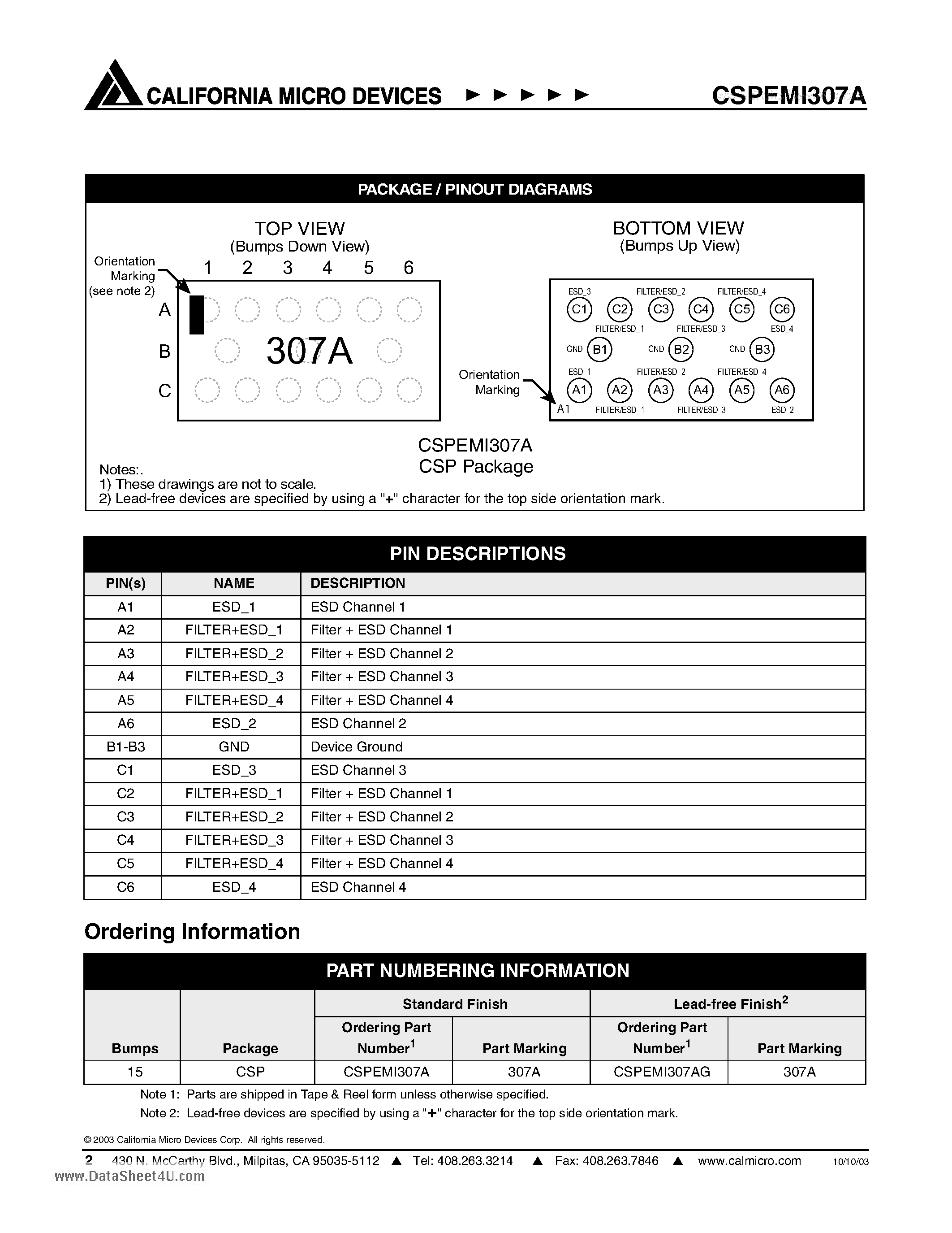 Datasheet CSPEMI307A - 4-Channel ESD/EMI Filter Array plus 4-Channel ESD Array for USB page 2