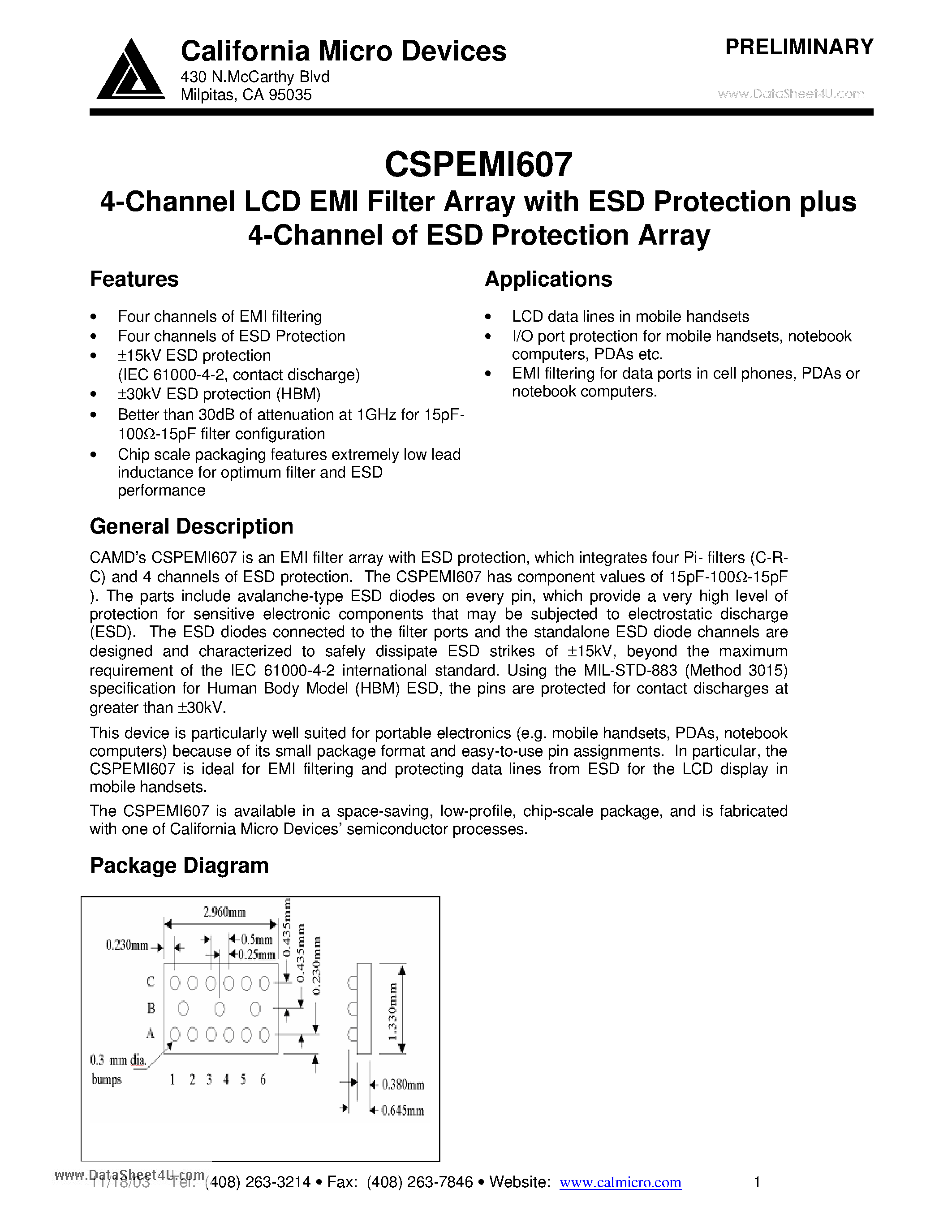 Datasheet CSPEMI607 - 4-Channel LCD EMI Filter Array with ESD Protection plus 4-Channel of ESD Protection Array page 1