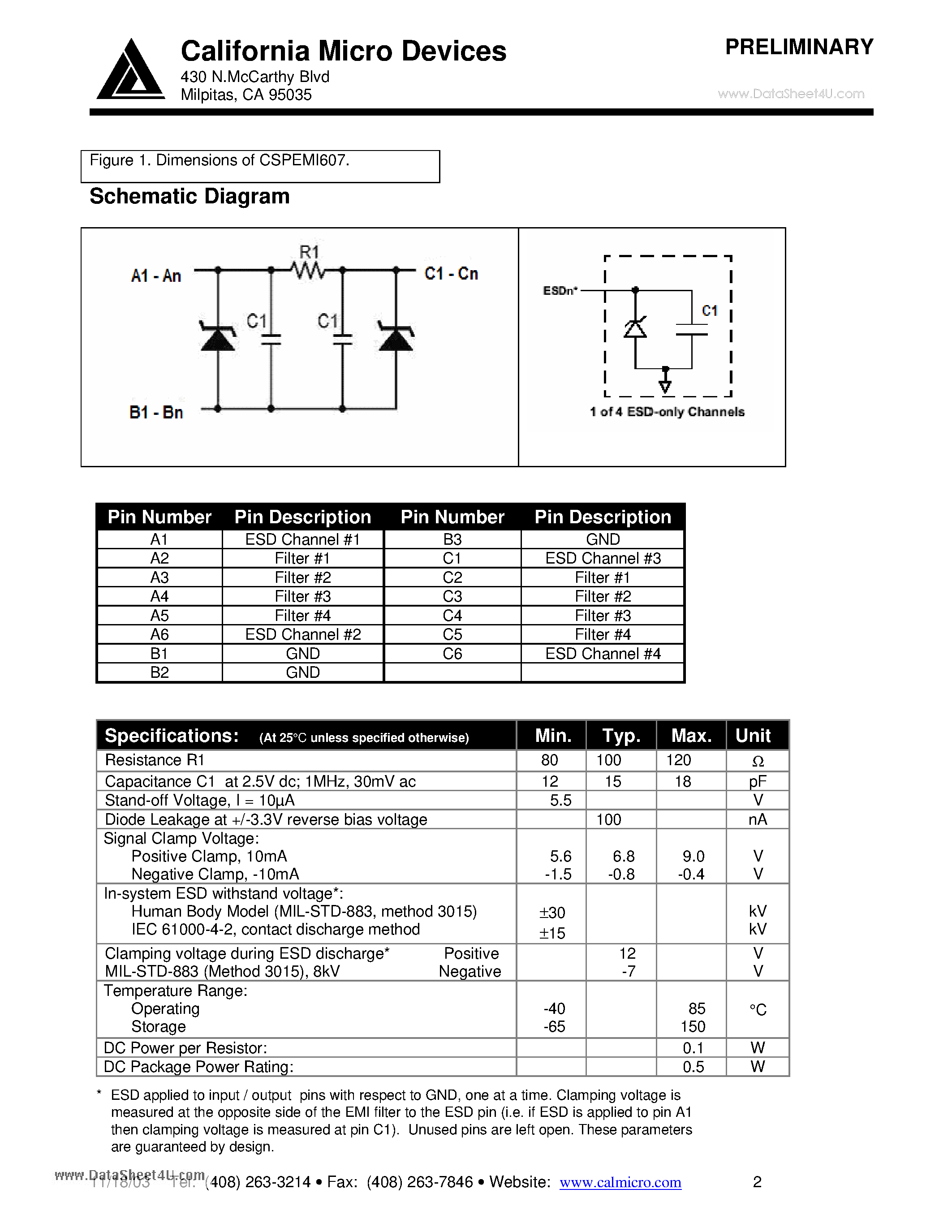 Datasheet CSPEMI607 - 4-Channel LCD EMI Filter Array with ESD Protection plus 4-Channel of ESD Protection Array page 2