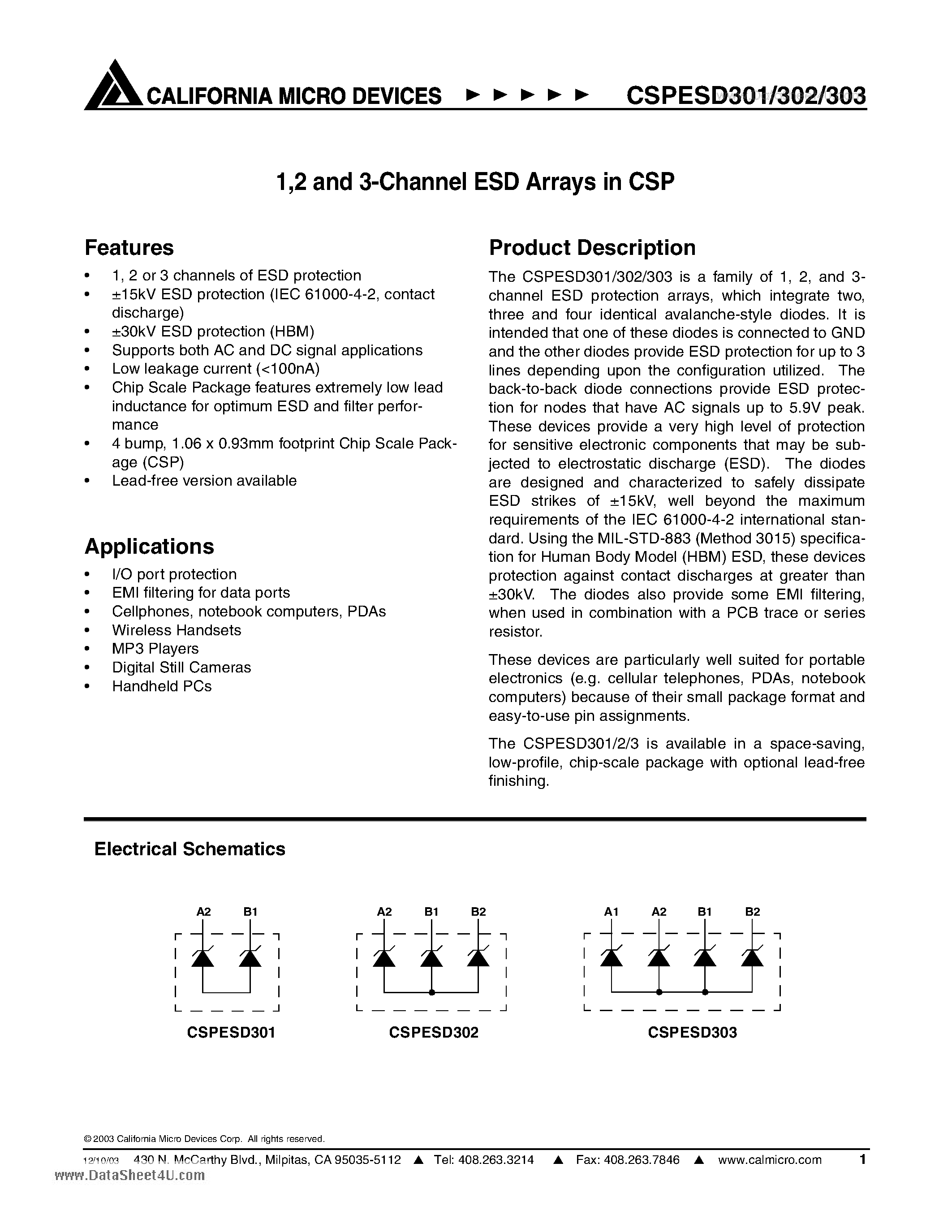 Datasheet CSPESD301 - 1 / 2 and 3-Channel ESD Arrays in CSP page 1