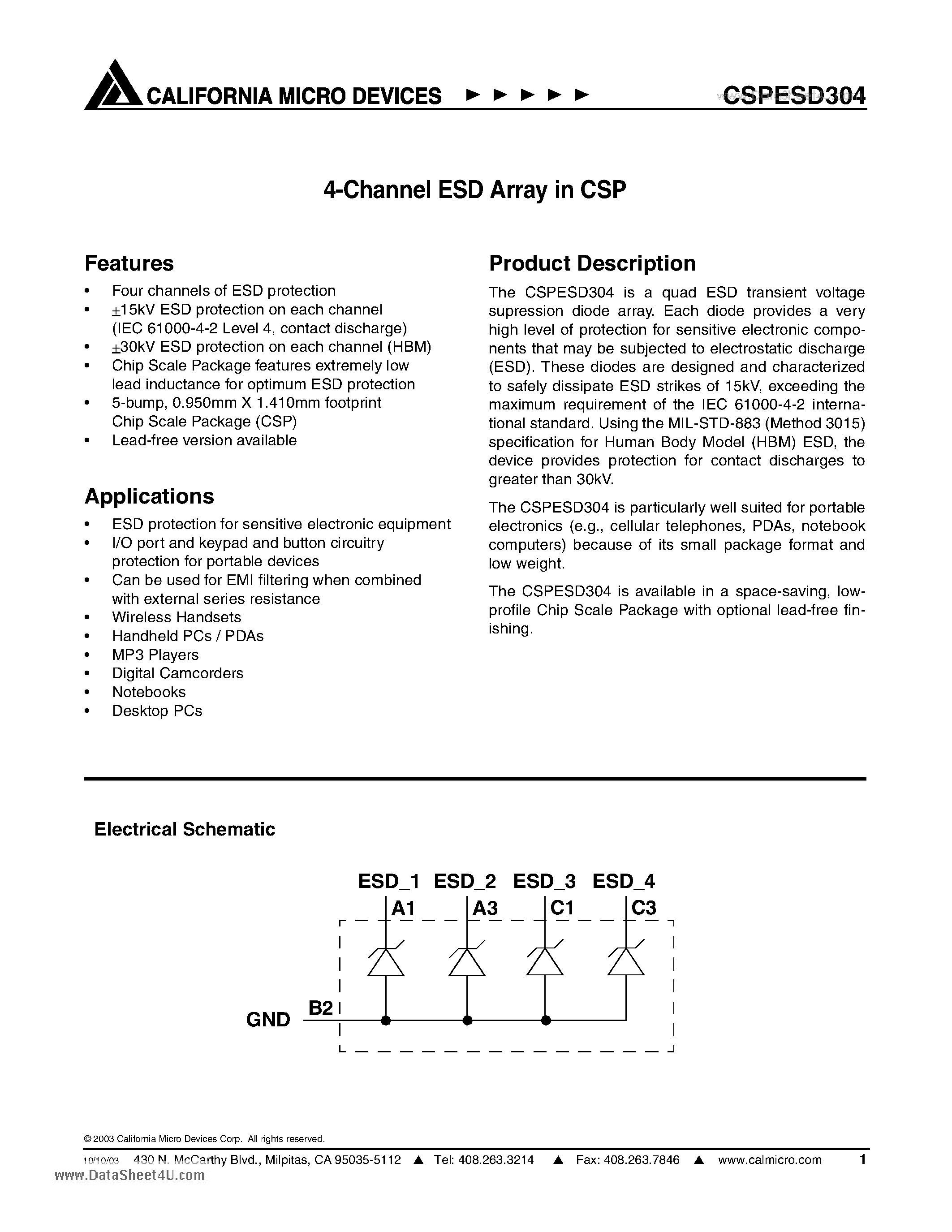 Datasheet CSPESD304 - 4-Channel ESD Array in CSP page 1