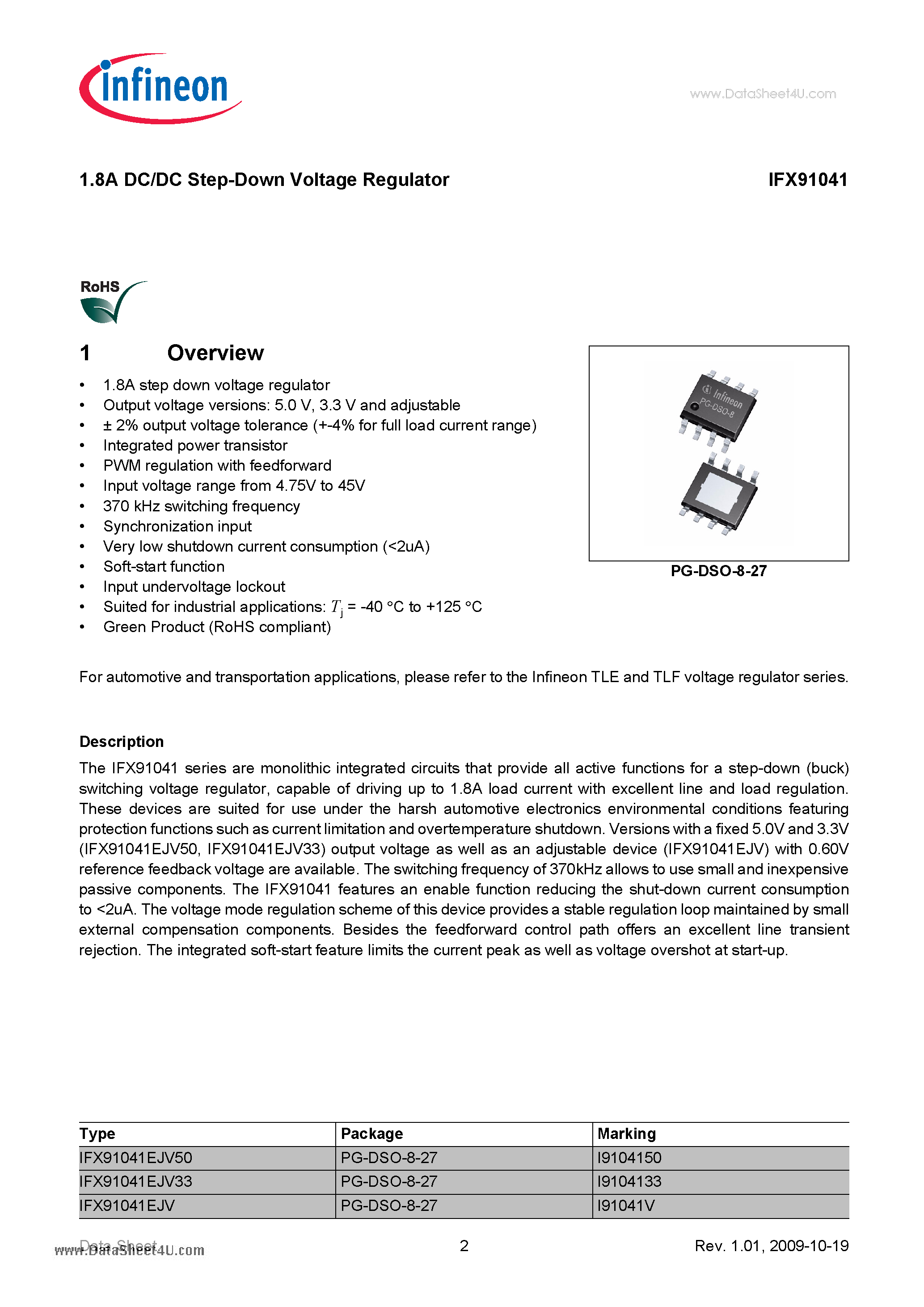 Datasheet IFX91041 - 1.8A DC/DC Step-Down Voltage Regulator 5.0V & 3.3V or Adjustable Output Voltage page 2