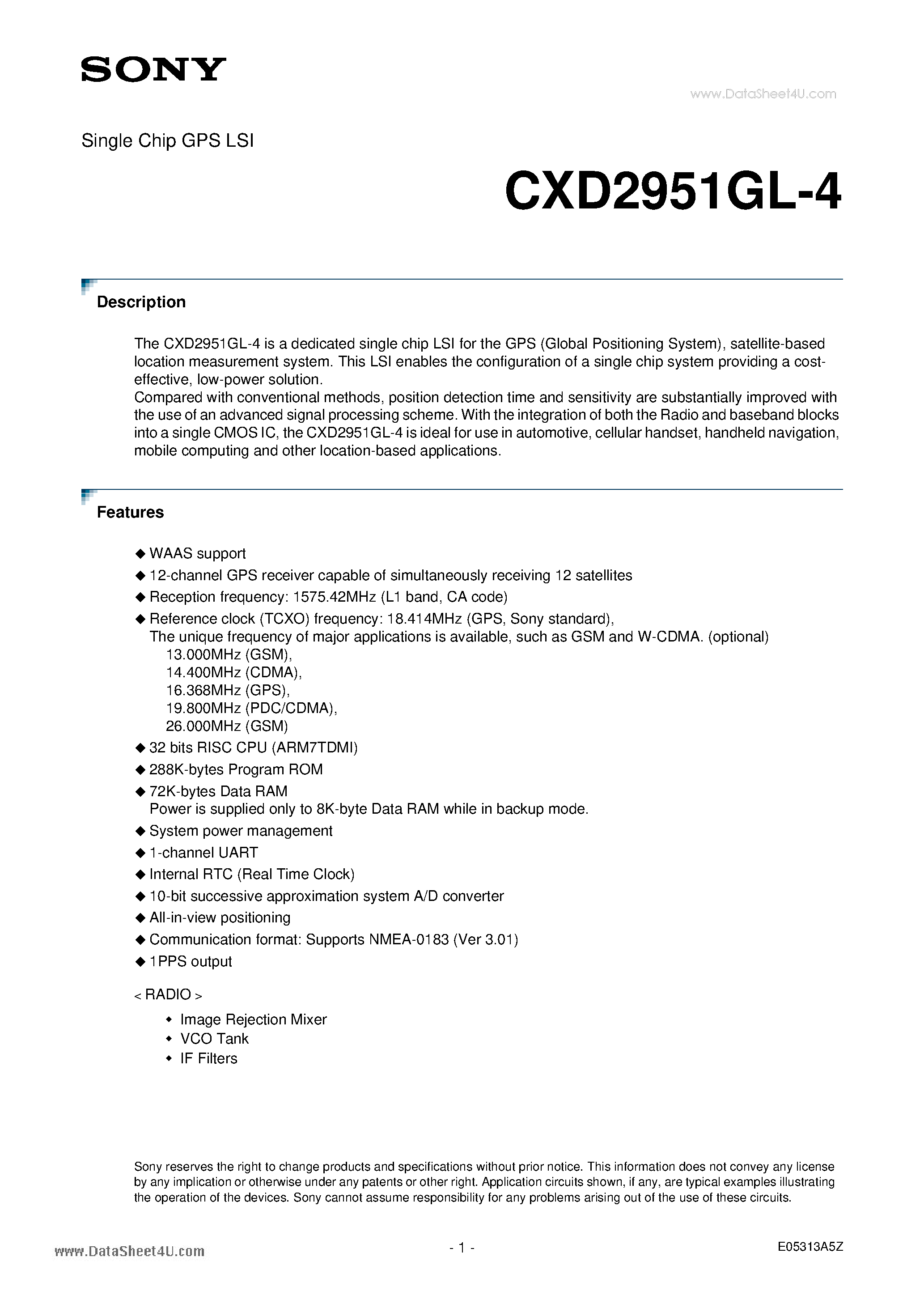 Datasheet CXD2951GL-4 page 1 Datasheet CXD2951GL-4 - Single Chip GPS LSI page 1