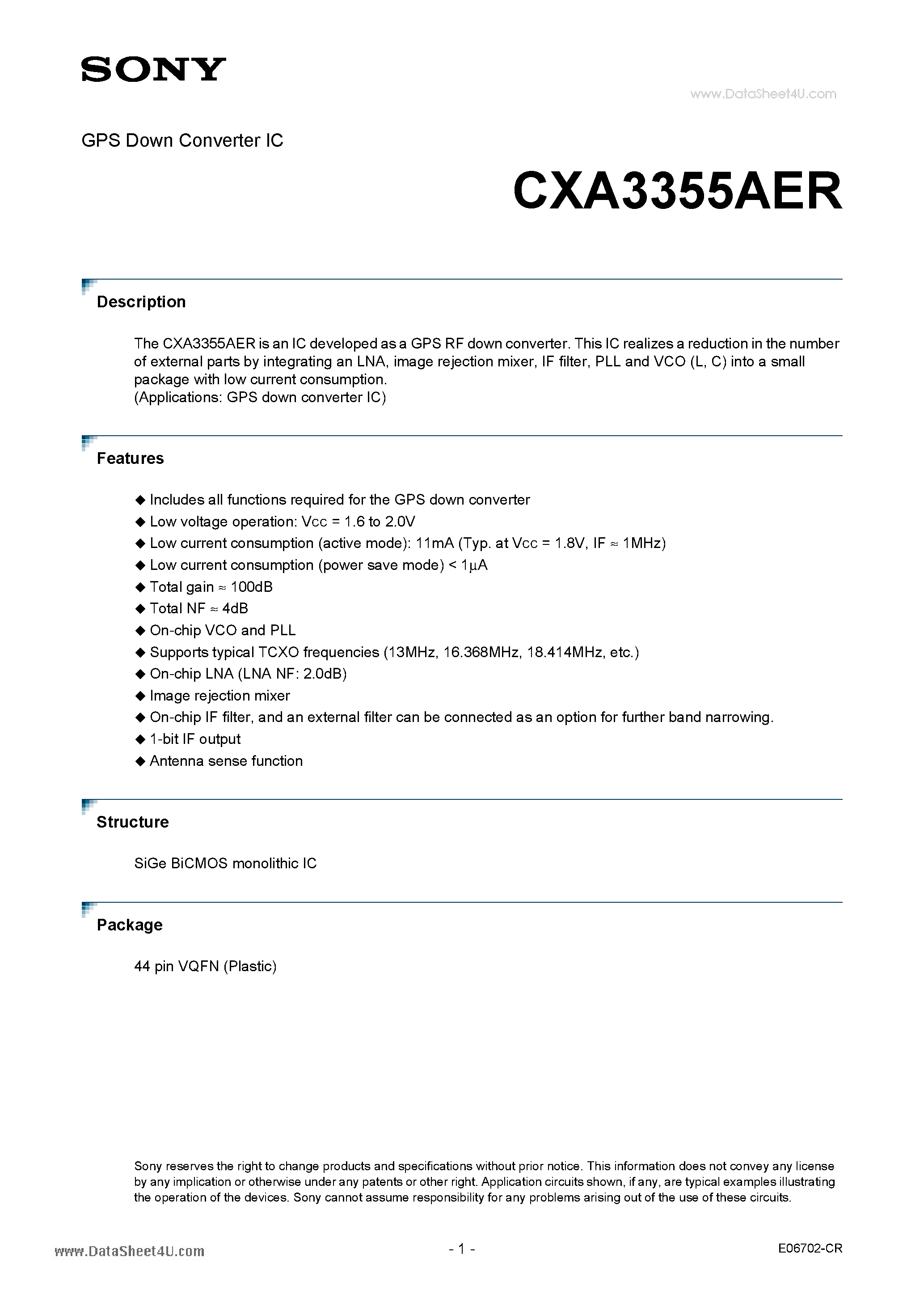 Datasheet CXA3355AER page 1 Datasheet CXA3355AER - GPS Down Converter IC page 1