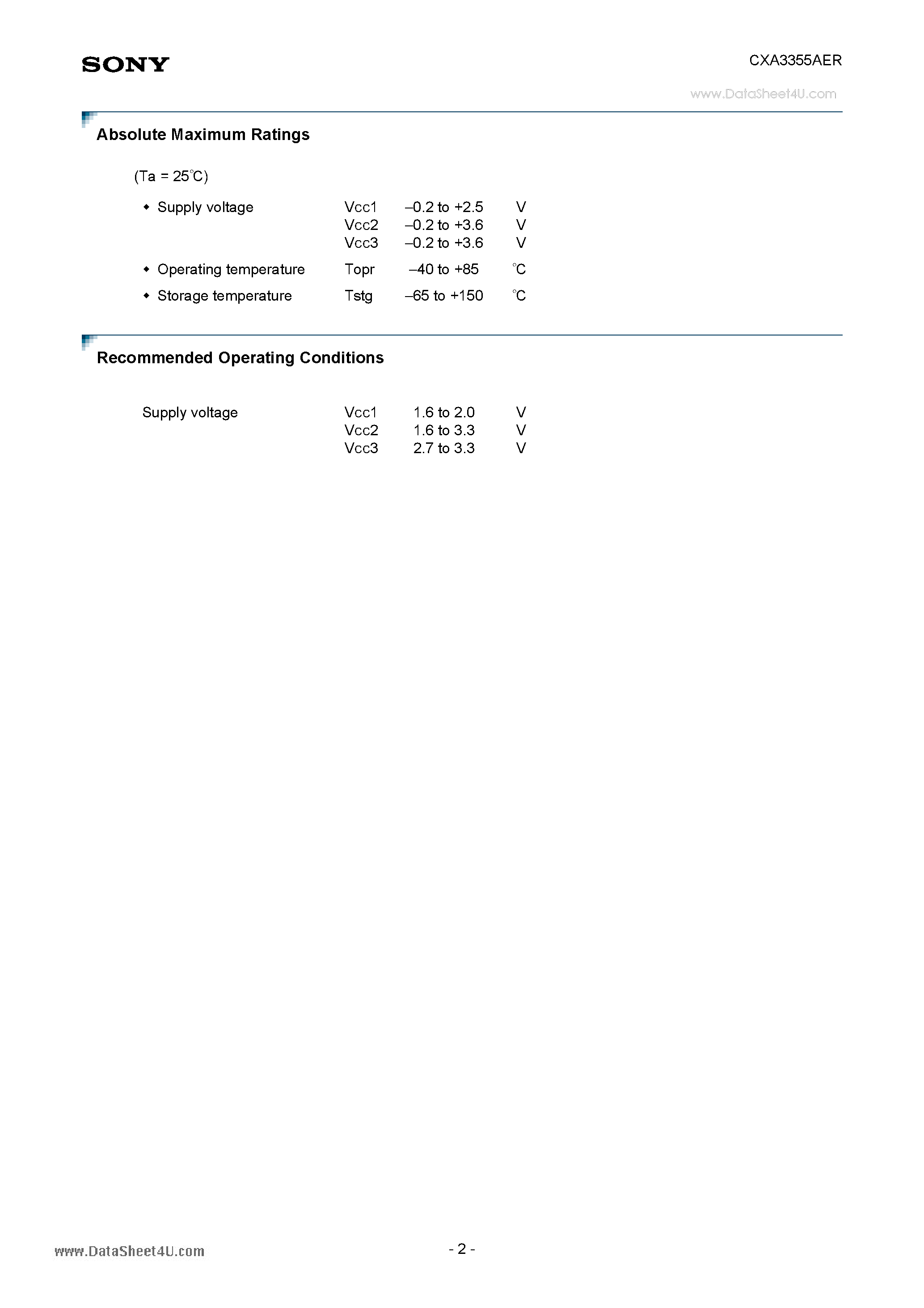 Datasheet CXA3355AER page 2 Datasheet CXA3355AER - GPS Down Converter IC page 2
