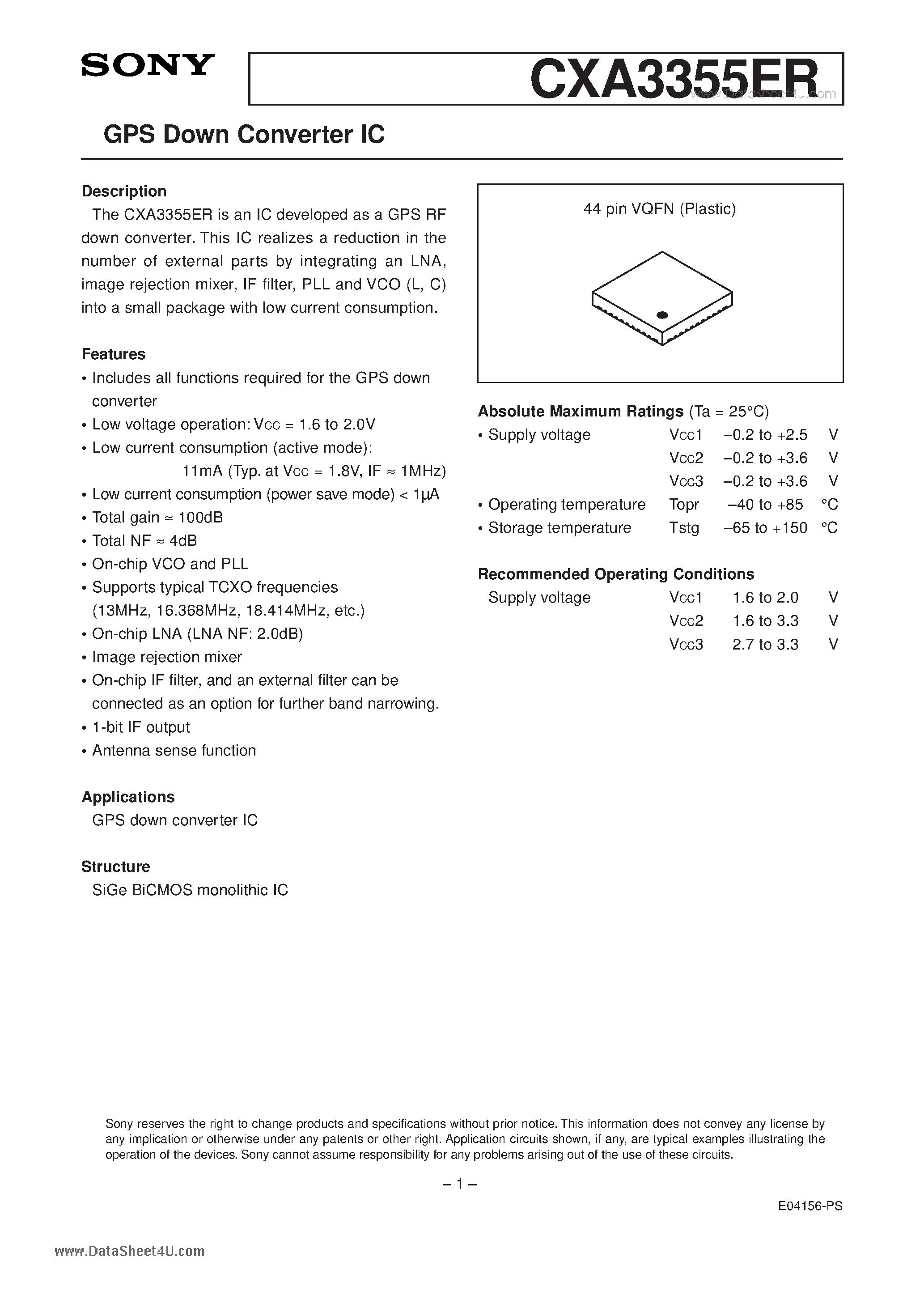 Даташит CXA3355ER - GPS Down Converter IC страница 1