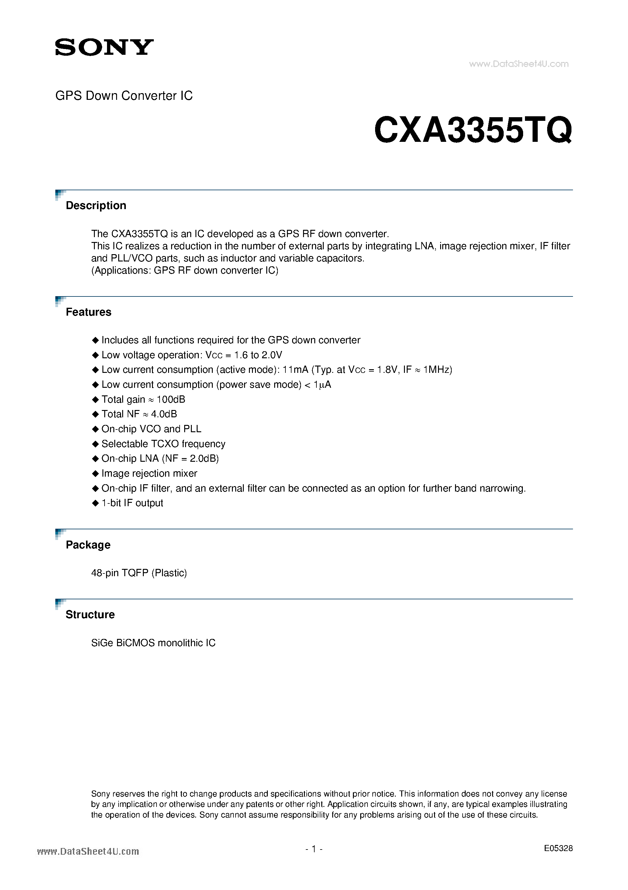 Datasheet CXA3355TQ page 1 Datasheet CXA3355TQ - GPS Down Converter IC page 1