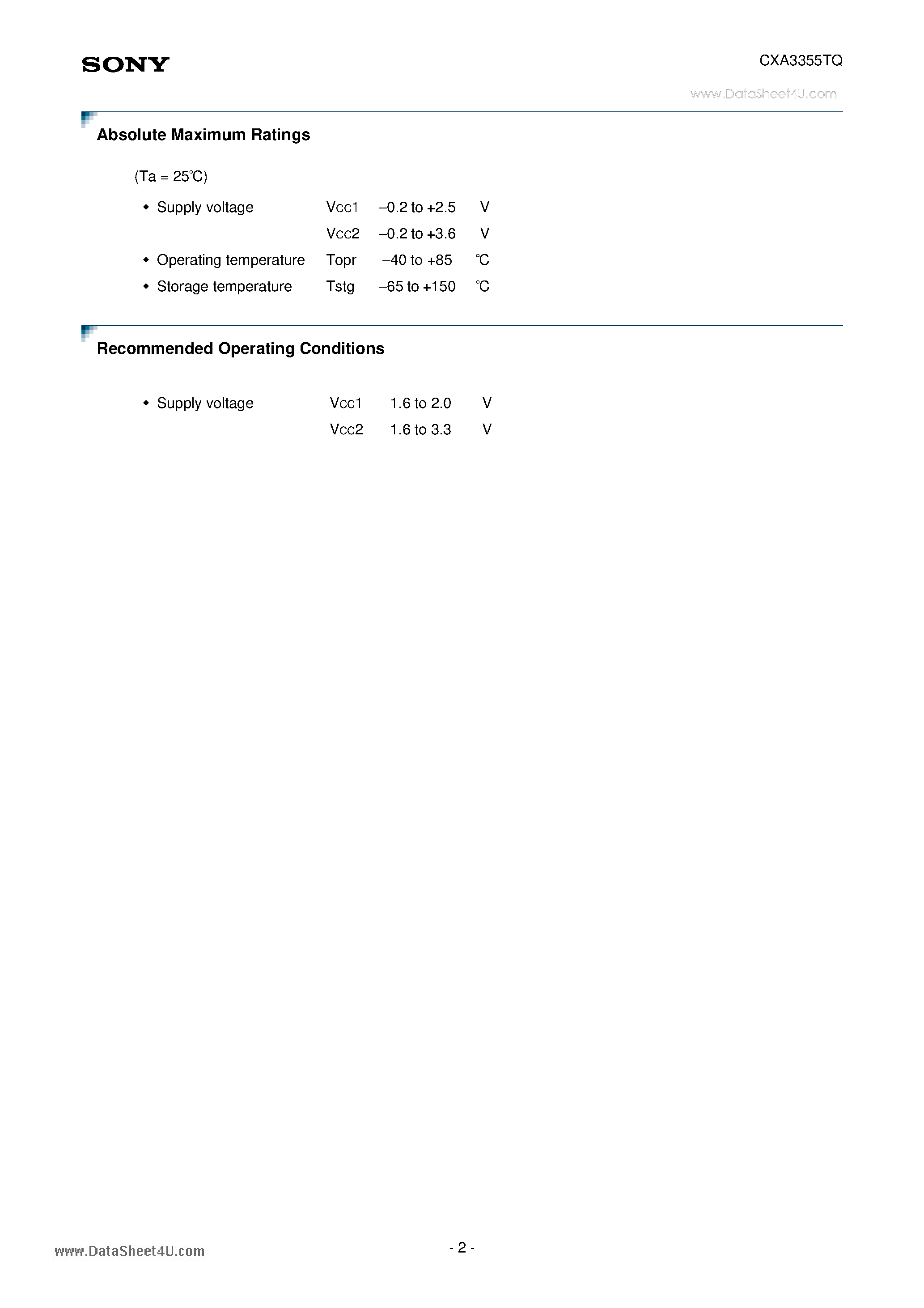 Datasheet CXA3355TQ page 2 Datasheet CXA3355TQ - GPS Down Converter IC page 2