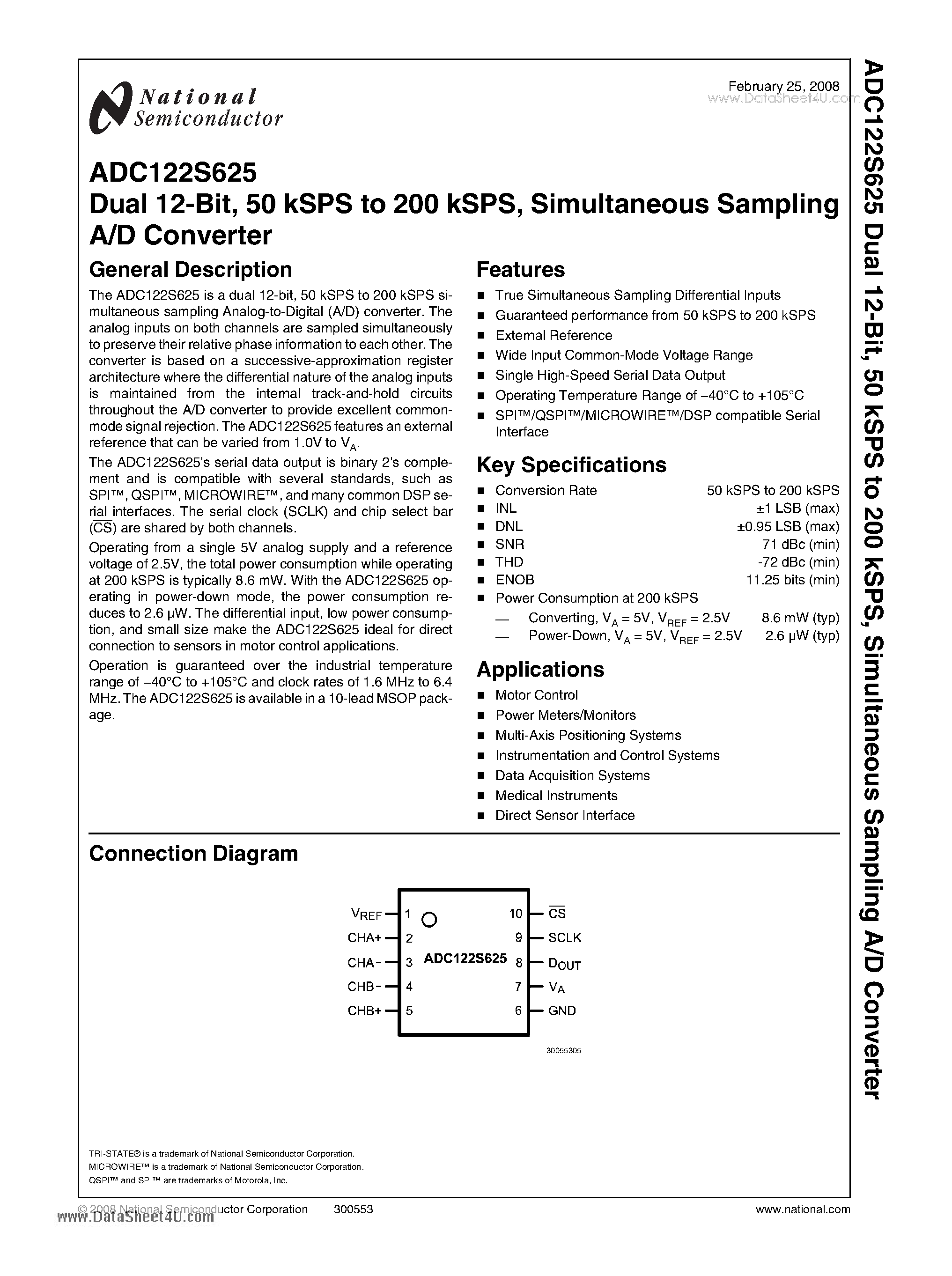 Datasheet ADC122S625 - Dual 12-Bit - 50 kSPS to 200 kSPS - Simultaneous Sampling A/D Converter page 1