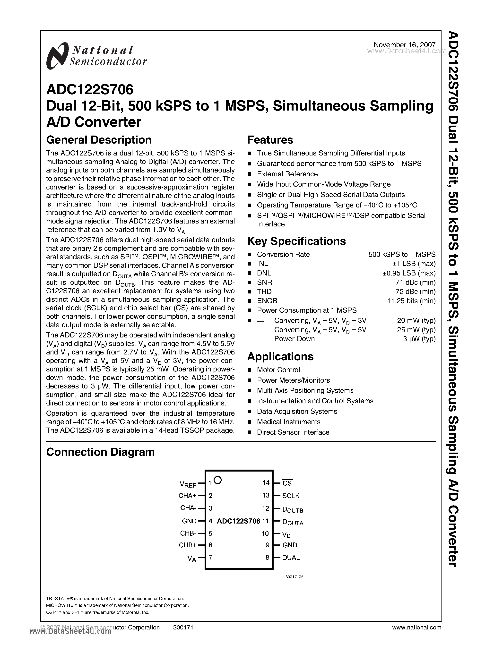 Datasheet ADC122S706 page 1 Datasheet ADC122S706 - Dual 12-Bit - 500 kSPS to 1 MSPS - Simultaneous Sampling A/D Converter page 1
