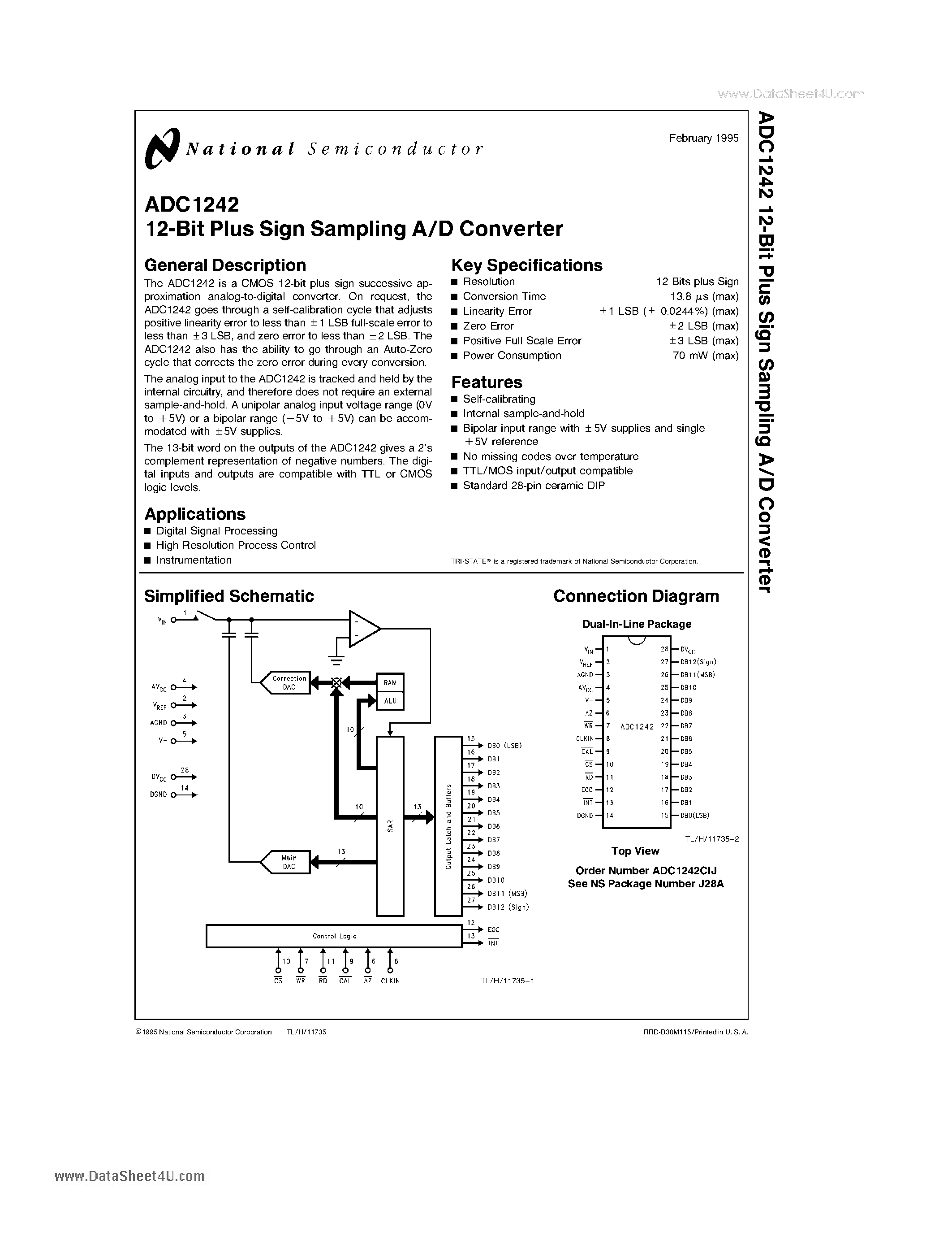Datasheet ADC1242 - 12-Bit Plus Sign Sampling A/D Converter page 1