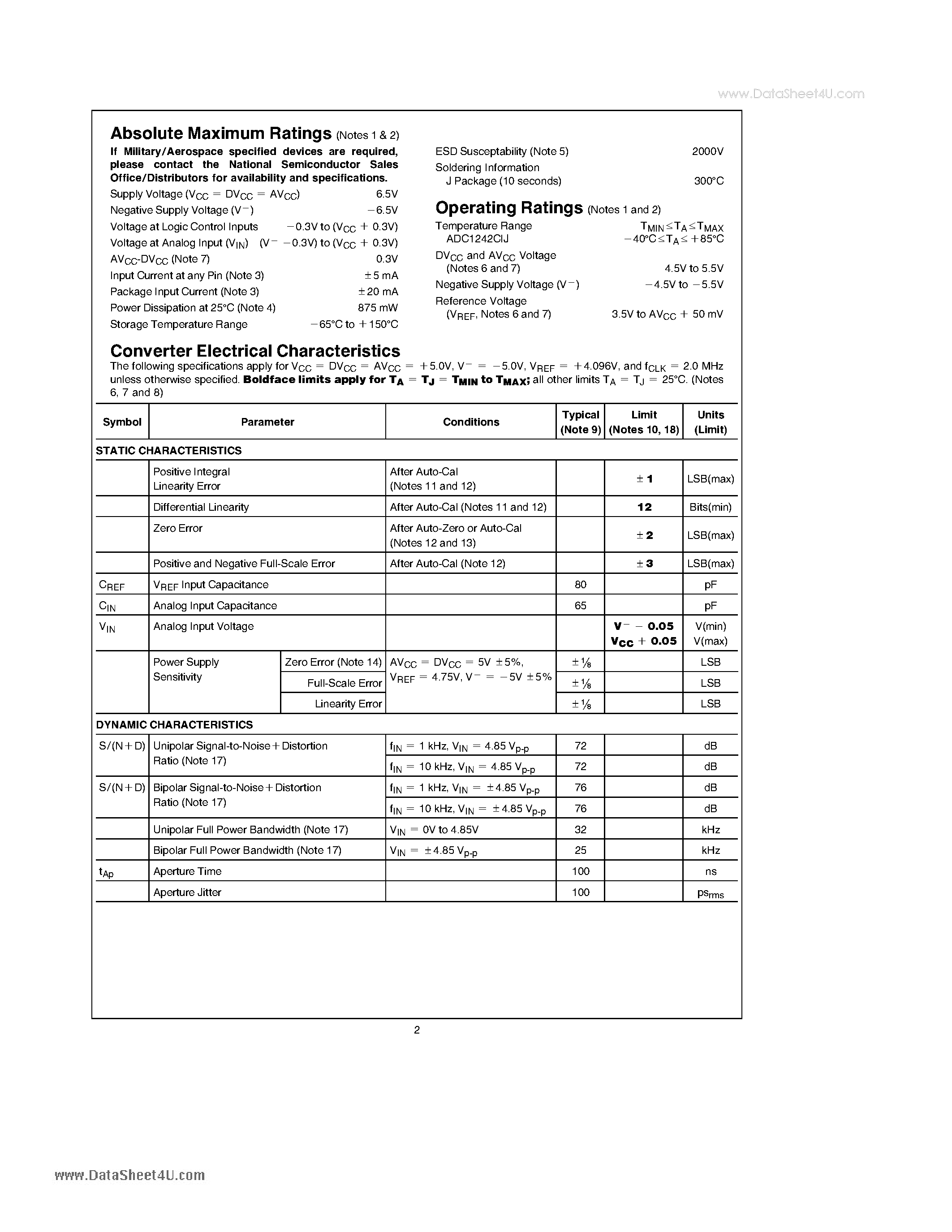 Datasheet ADC1242 - 12-Bit Plus Sign Sampling A/D Converter page 2