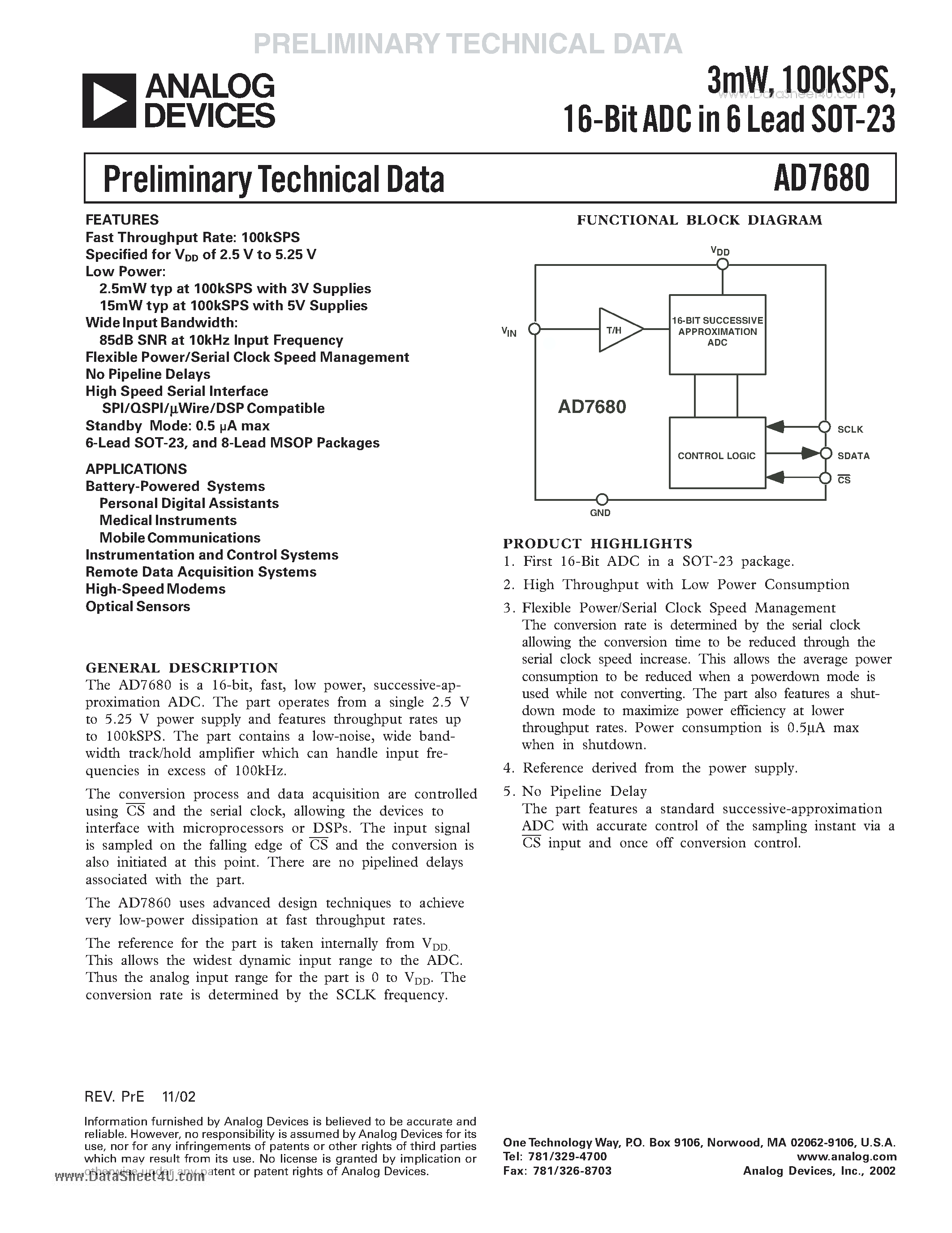 Datasheet AD7680 page 1 Datasheet AD7680 - 3mW + 100kSPS - 16-Bit ADC in 6 Lead SOT-23 page 1