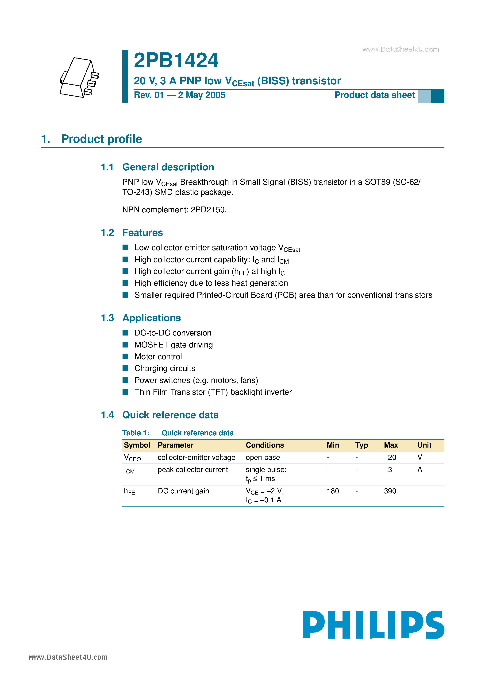 Datasheet 2PB1424 - 20V - 3A PNP low VCEsat transistor page 1