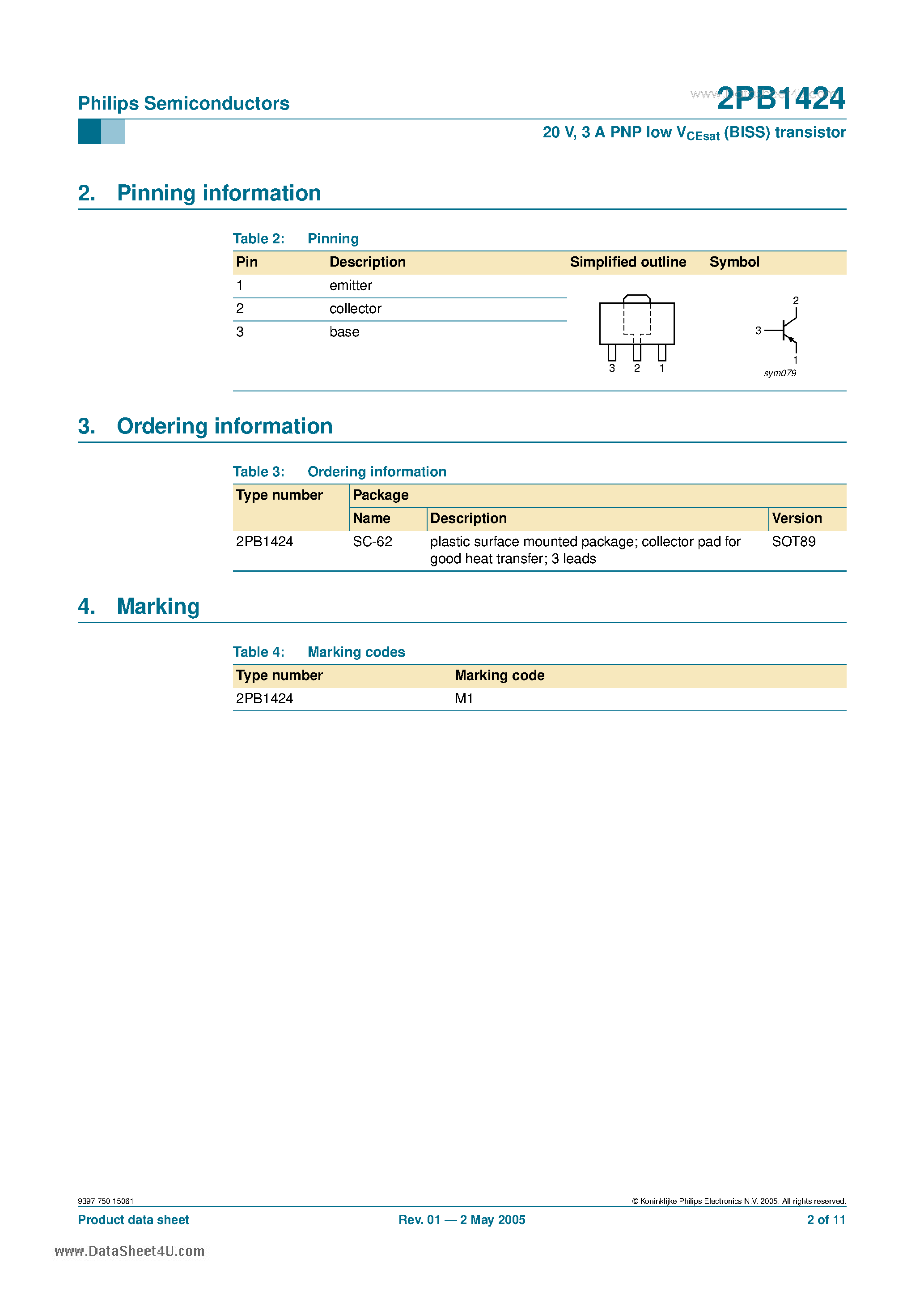 Datasheet 2PB1424 - 20V - 3A PNP low VCEsat transistor page 2