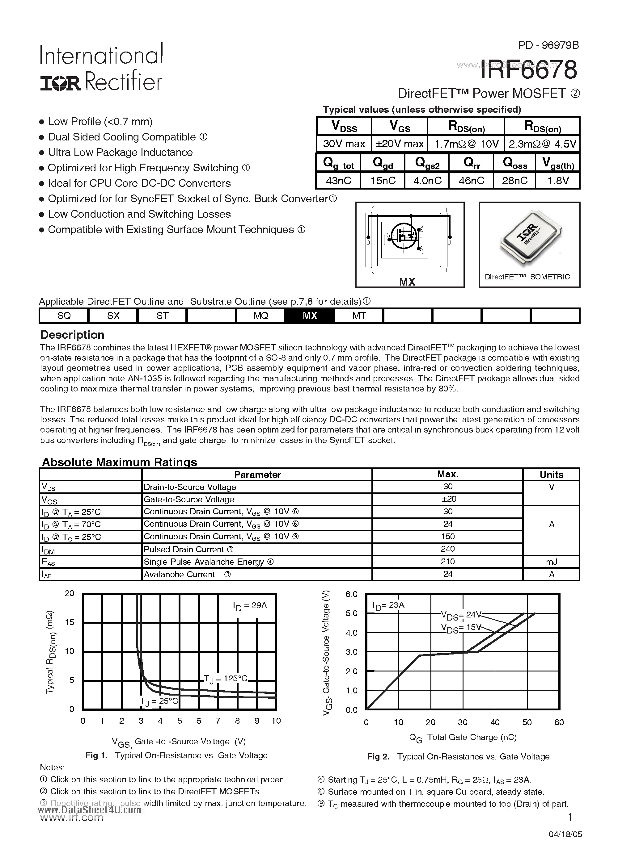 Datasheet IRF6678 - DirectFET Power MOSFET page 1
