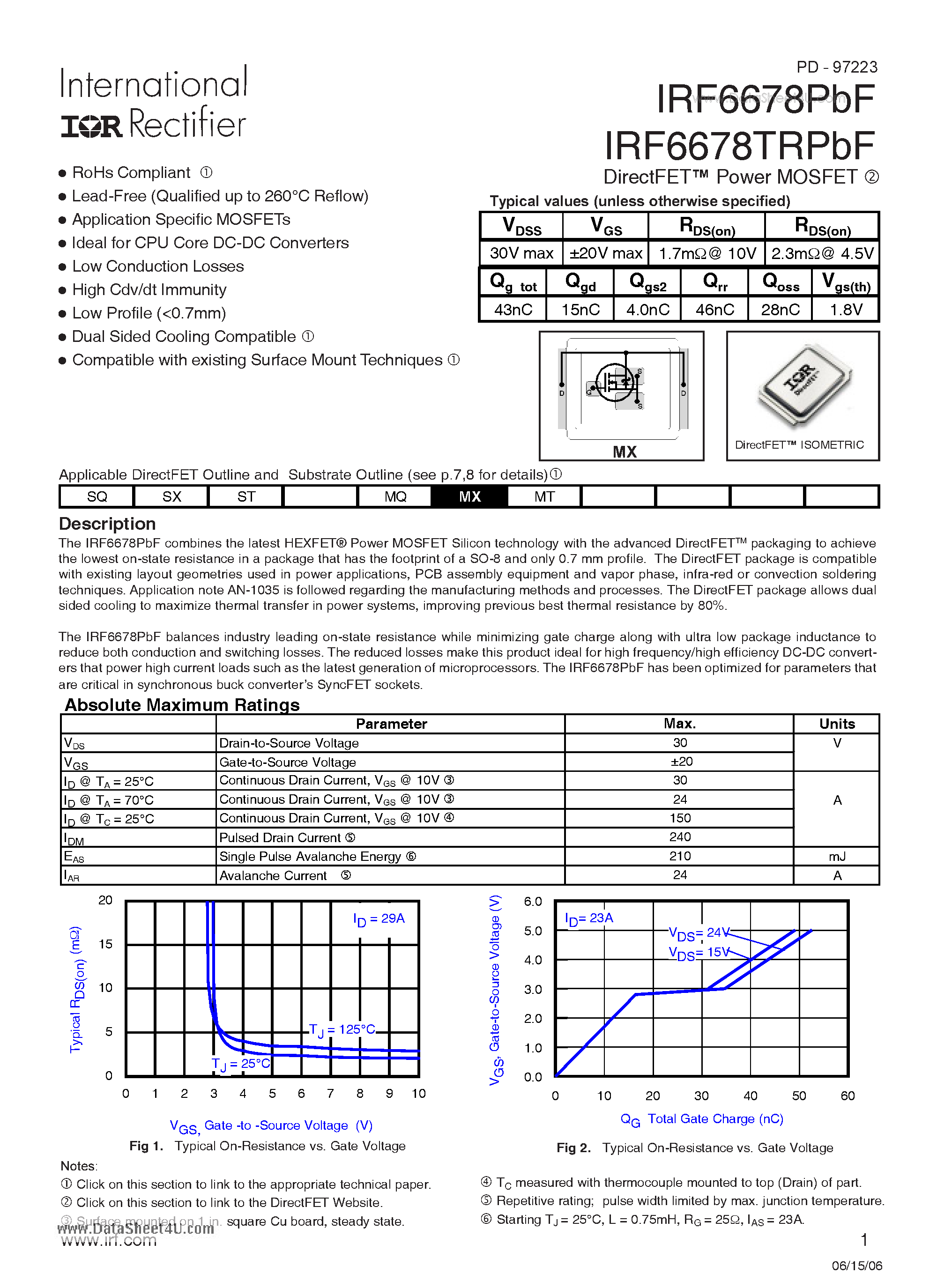 Datasheet IRF6678TRPbF - DirectFET Power MOSFET page 1