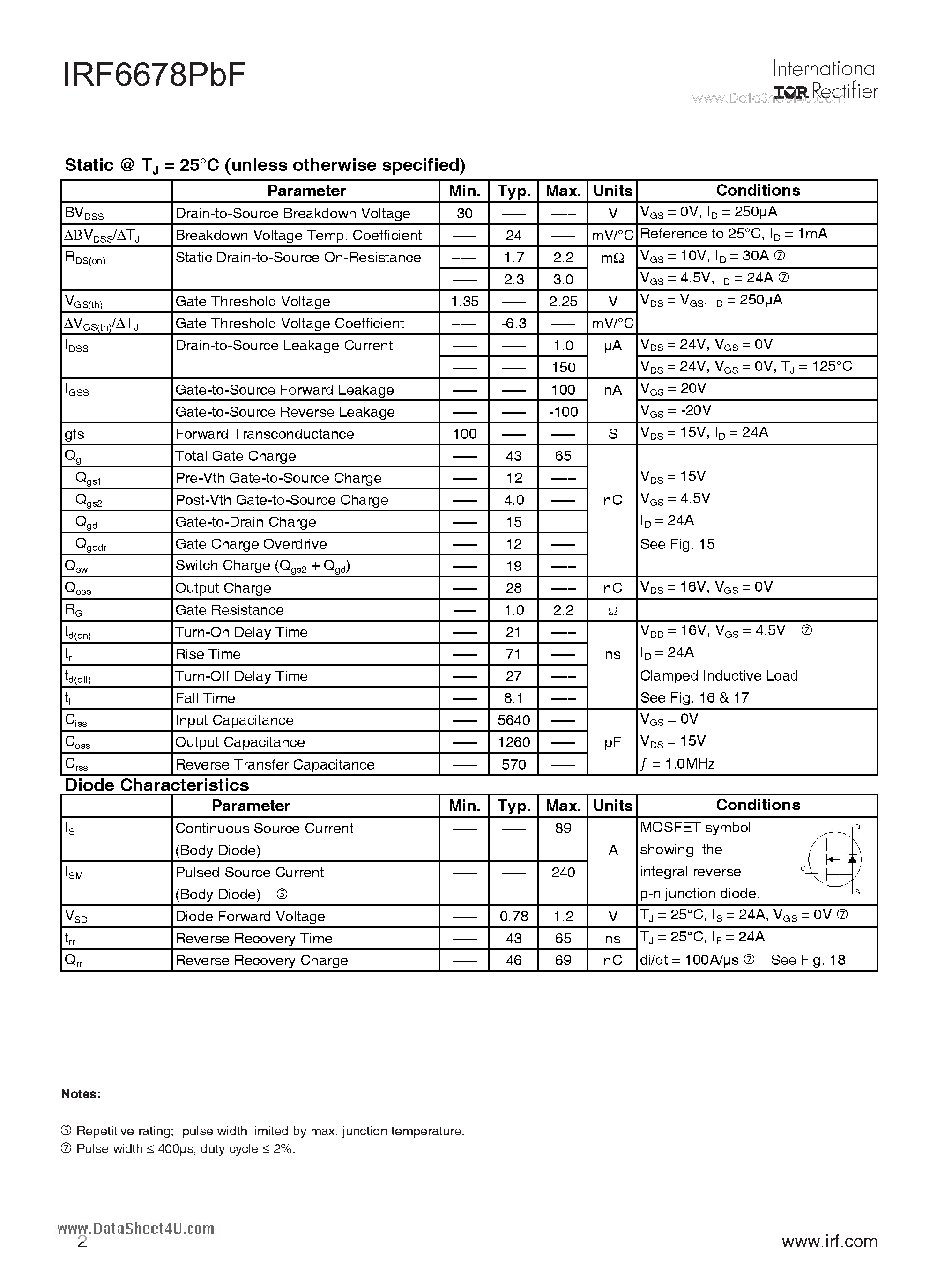 Datasheet IRF6678TRPbF - DirectFET Power MOSFET page 2