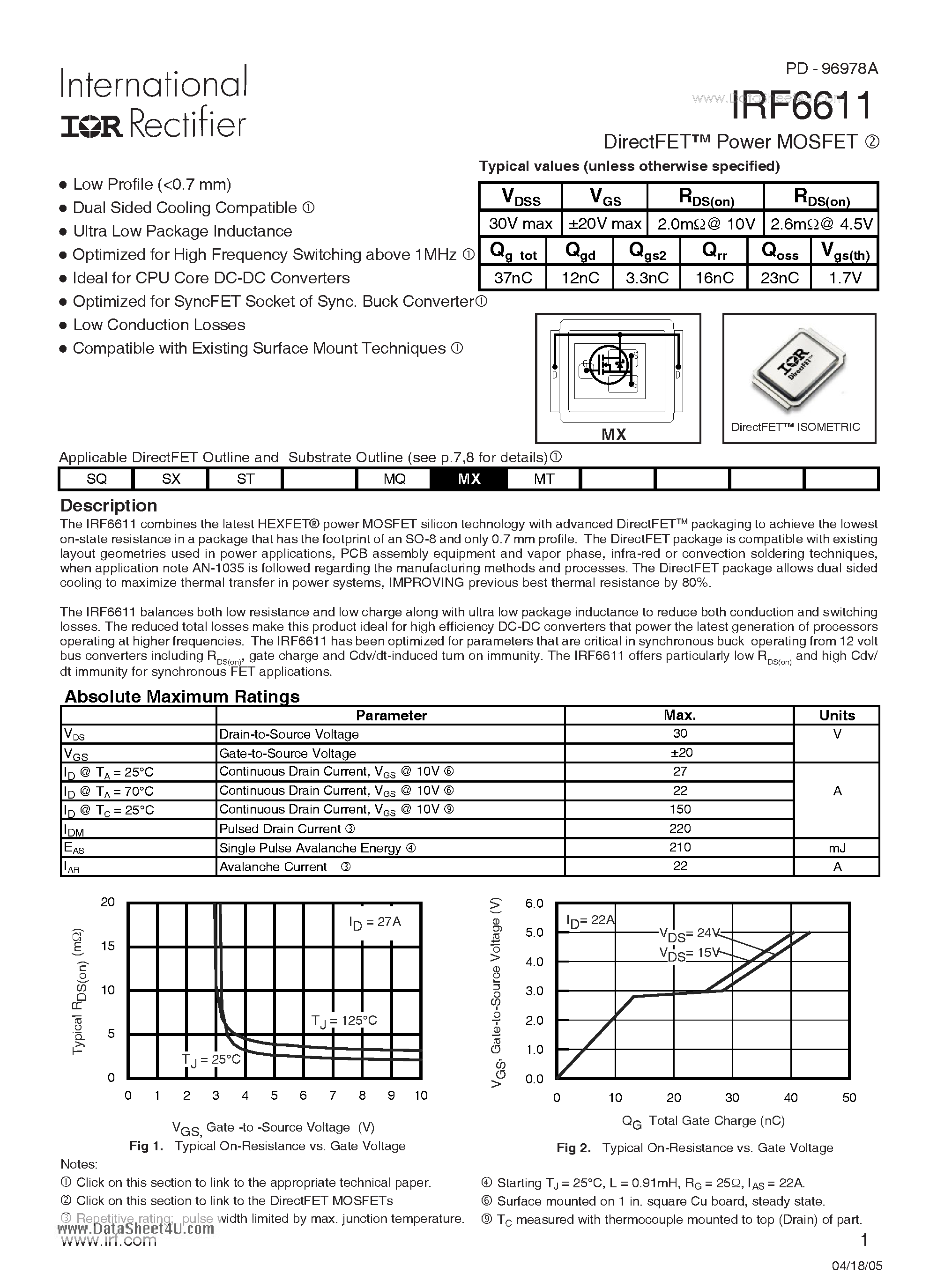 Datasheet IRF6611 - DirectFET Power MOSFET page 1
