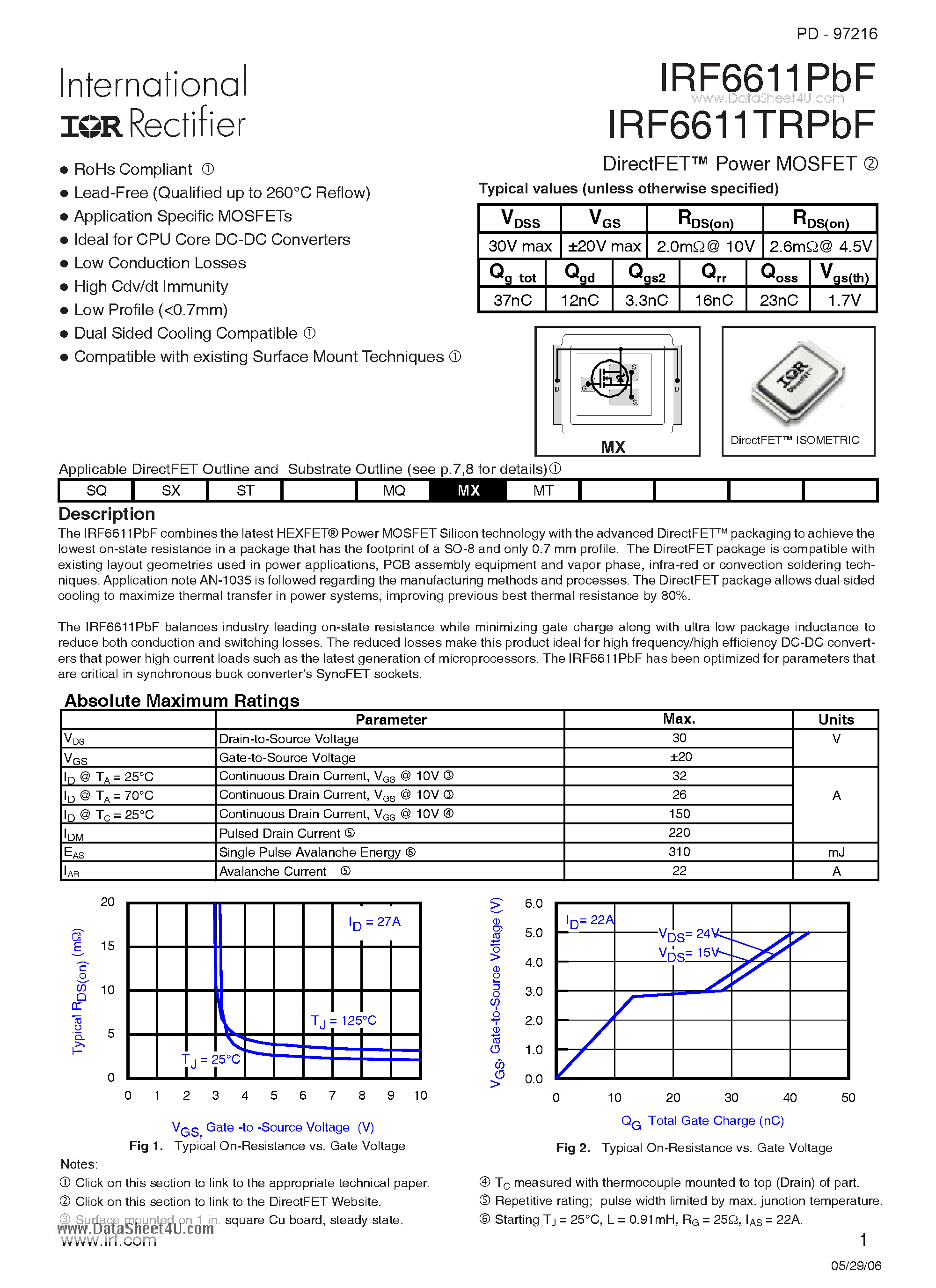 Datasheet IRF6611TRPbF page 1 Datasheet IRF6611TRPbF - DirectFET Power MOSFET page 1