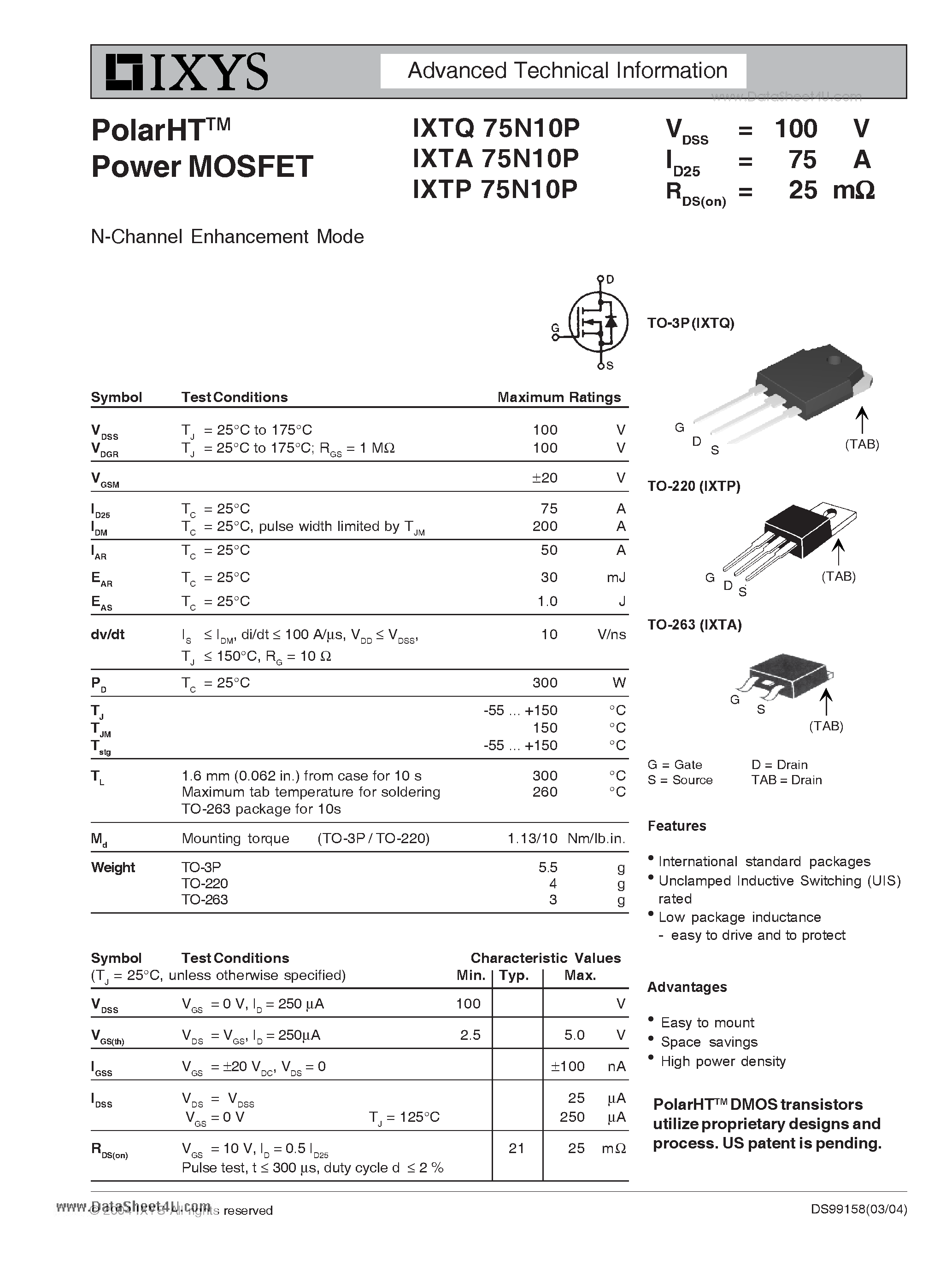 Datasheet IXTA75N10P - N-Channel Enhancement Mode page 1