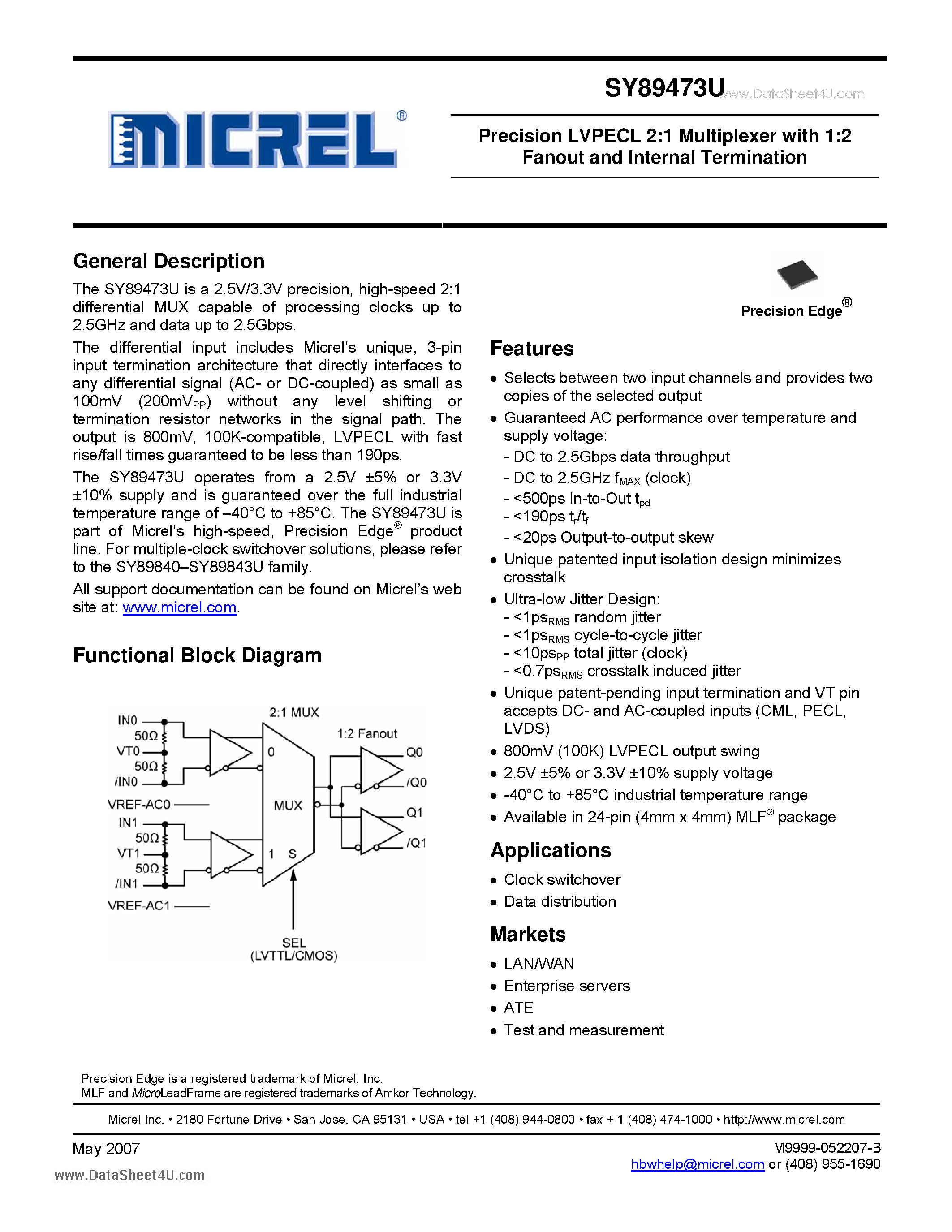 Datasheet SY89473U - Precision LVPECL 2:1 Multiplexer with 1:2 Fanout and Internal Termination page 1
