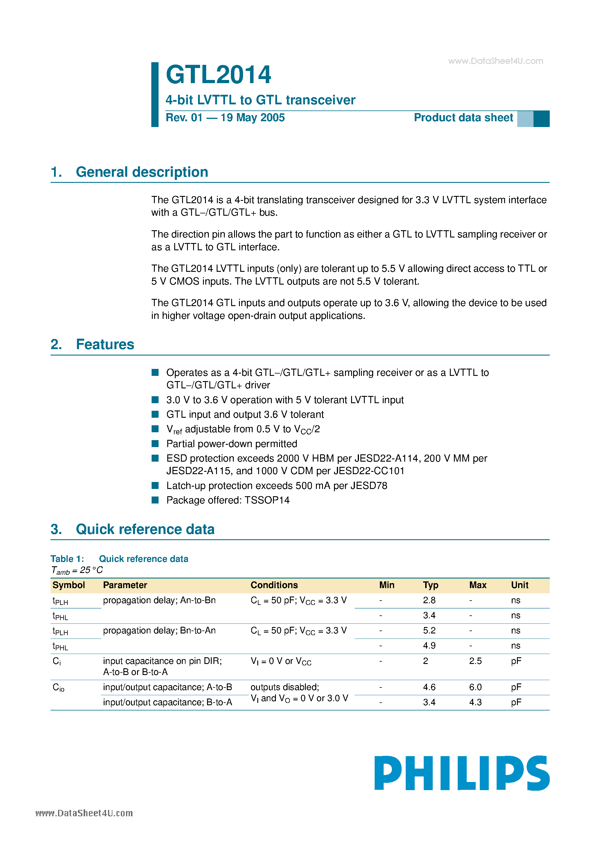 Даташит GTL2014 - 4-bit LVTTL to GTL transceiver страница 1