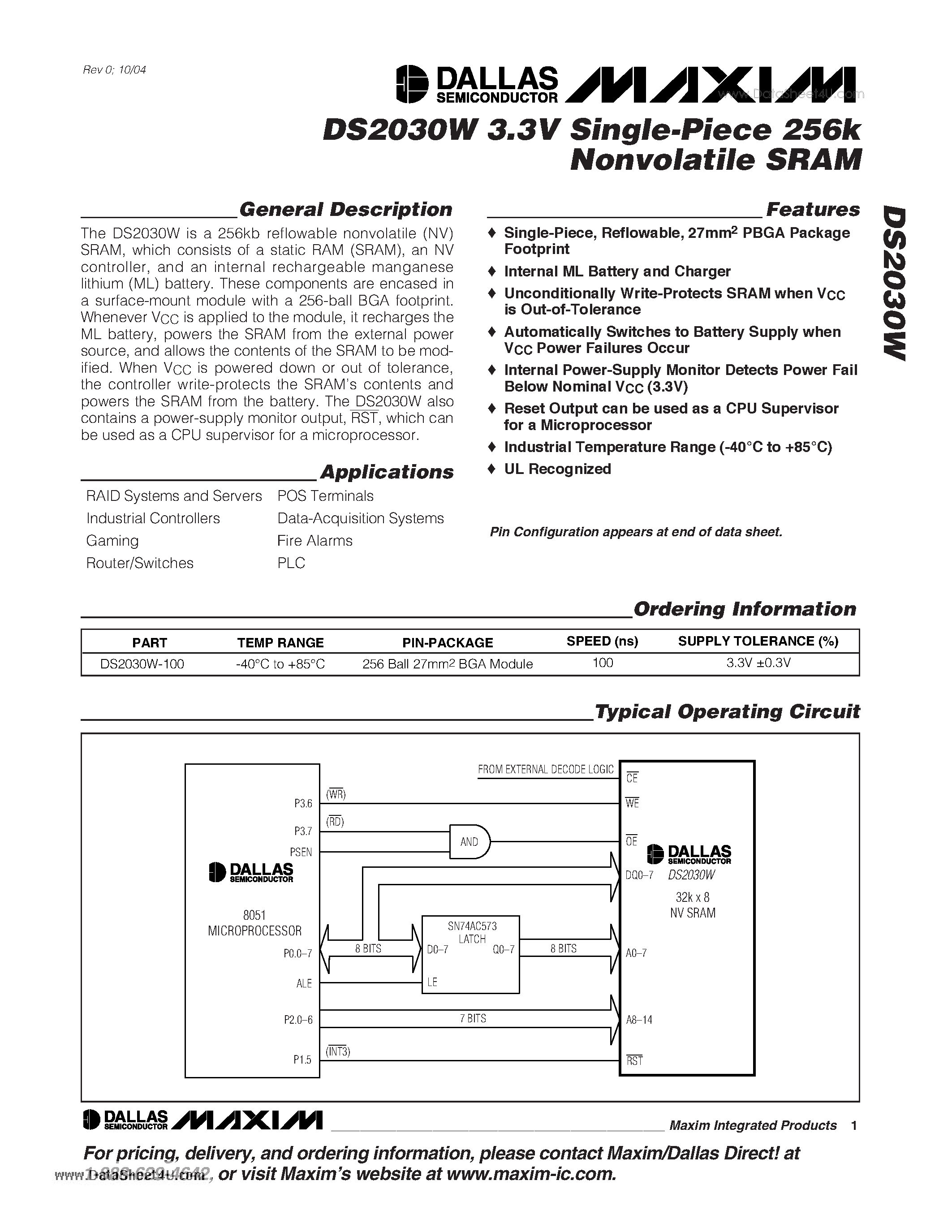 Datasheet DS2030W - 3.3V Single-Piece 256k Nonvolatile SRAM page 1