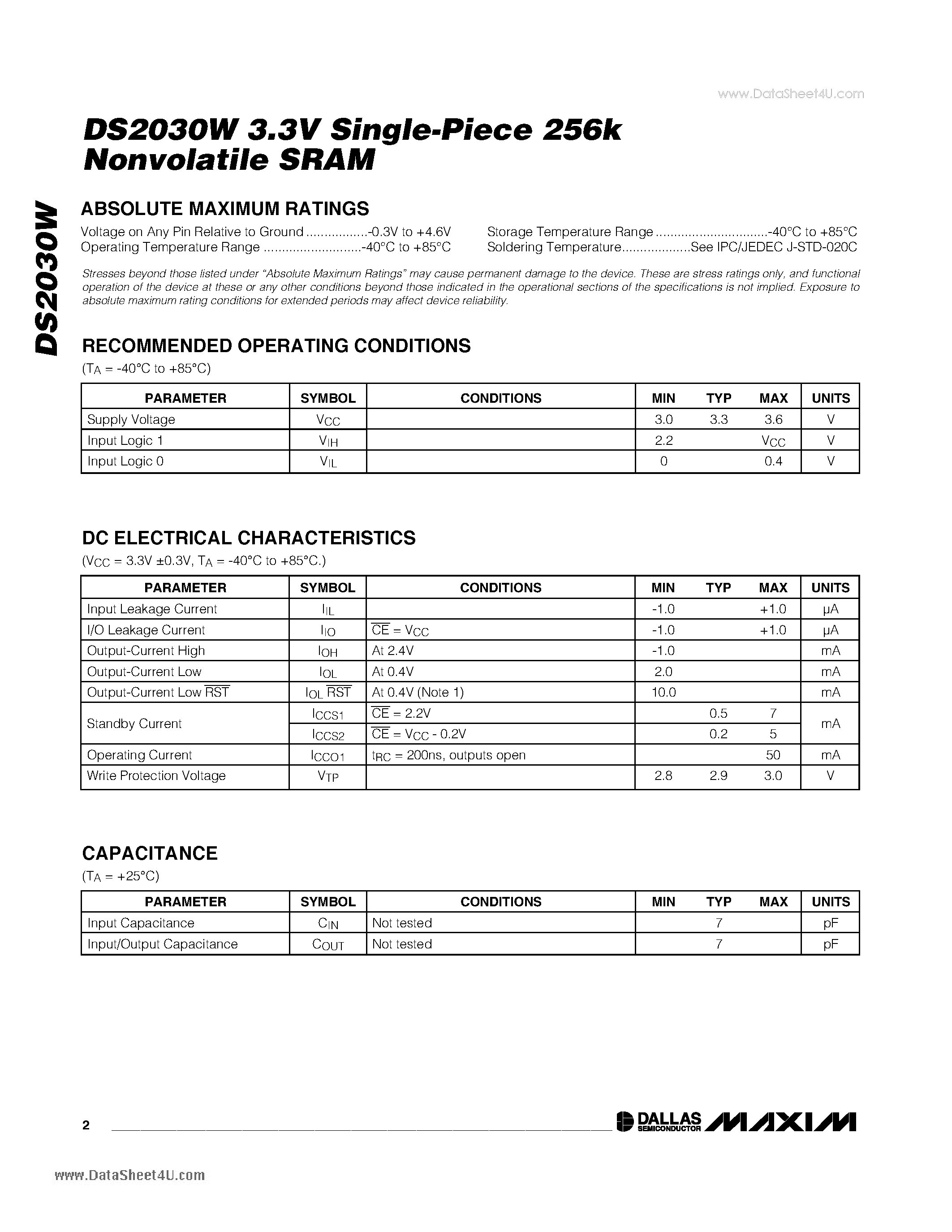 Datasheet DS2030W - 3.3V Single-Piece 256k Nonvolatile SRAM page 2