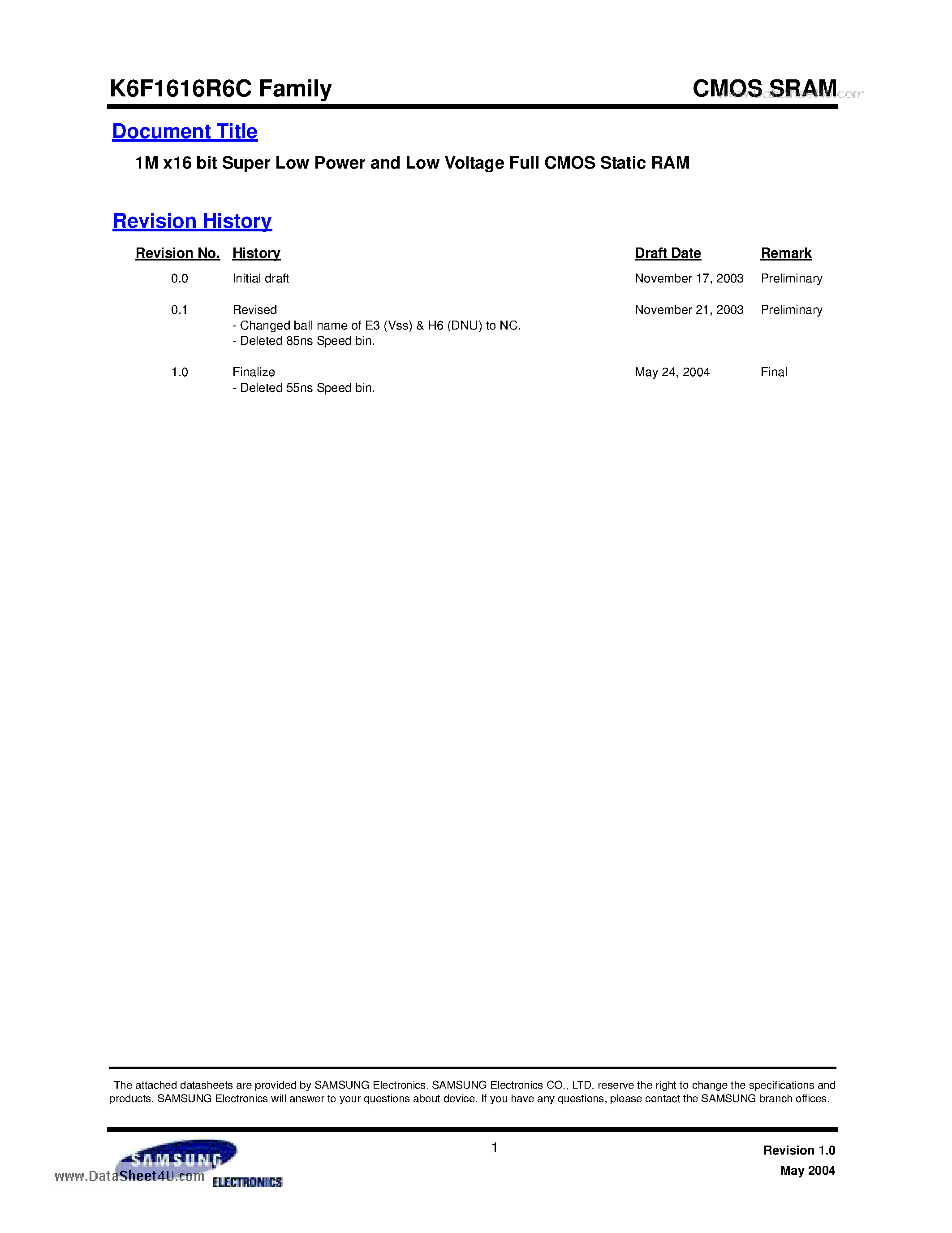 Даташит на микросхему K6F1616R6C страница 1 Даташит K6F1616R6C - 1M x16 bit Super Low Power and Low Voltage Full CMOS Static RAM страница 1