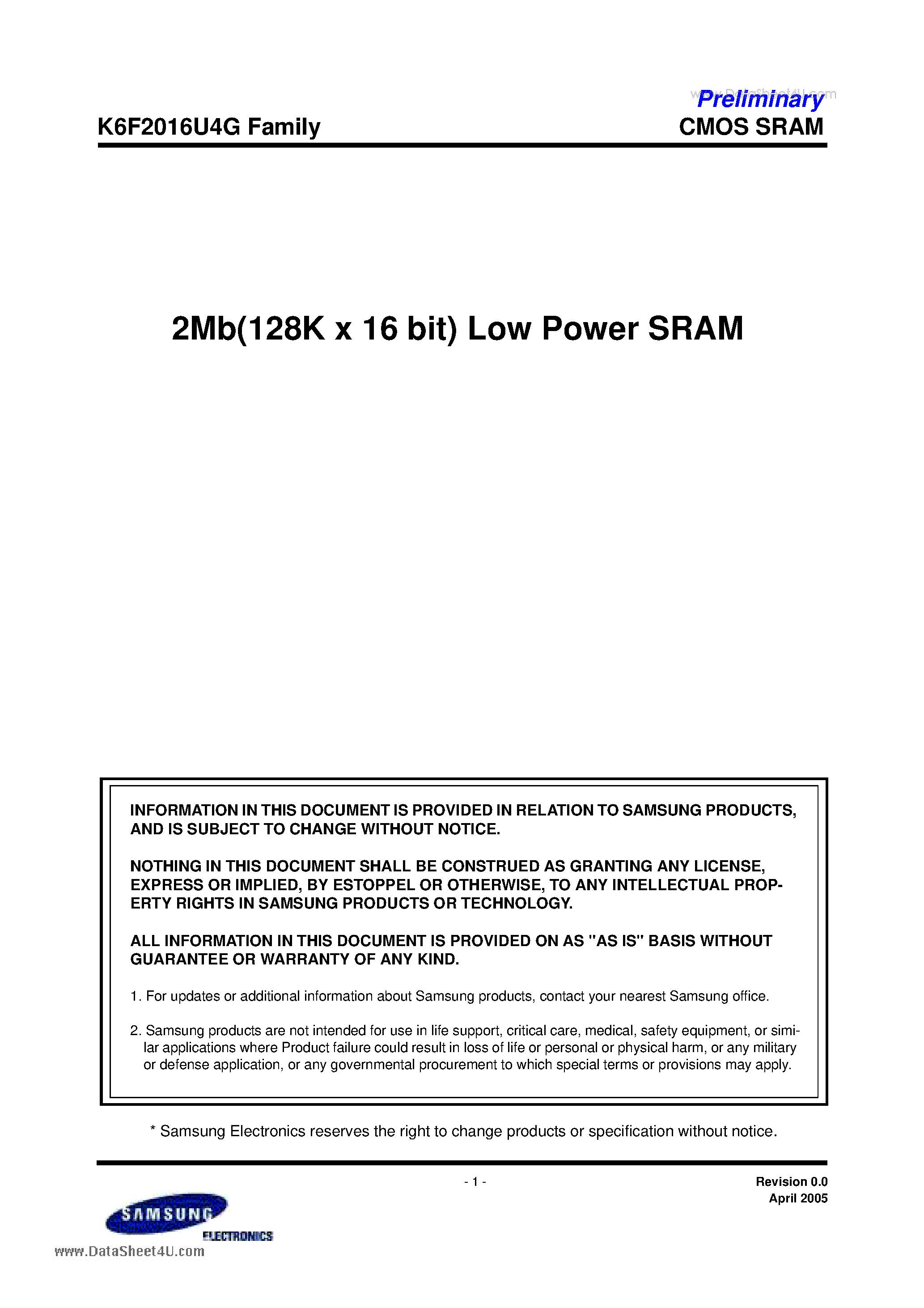 Даташит K6F2016U4G - 2Mb(128K x 16 bit) Low Power SRAM страница 1